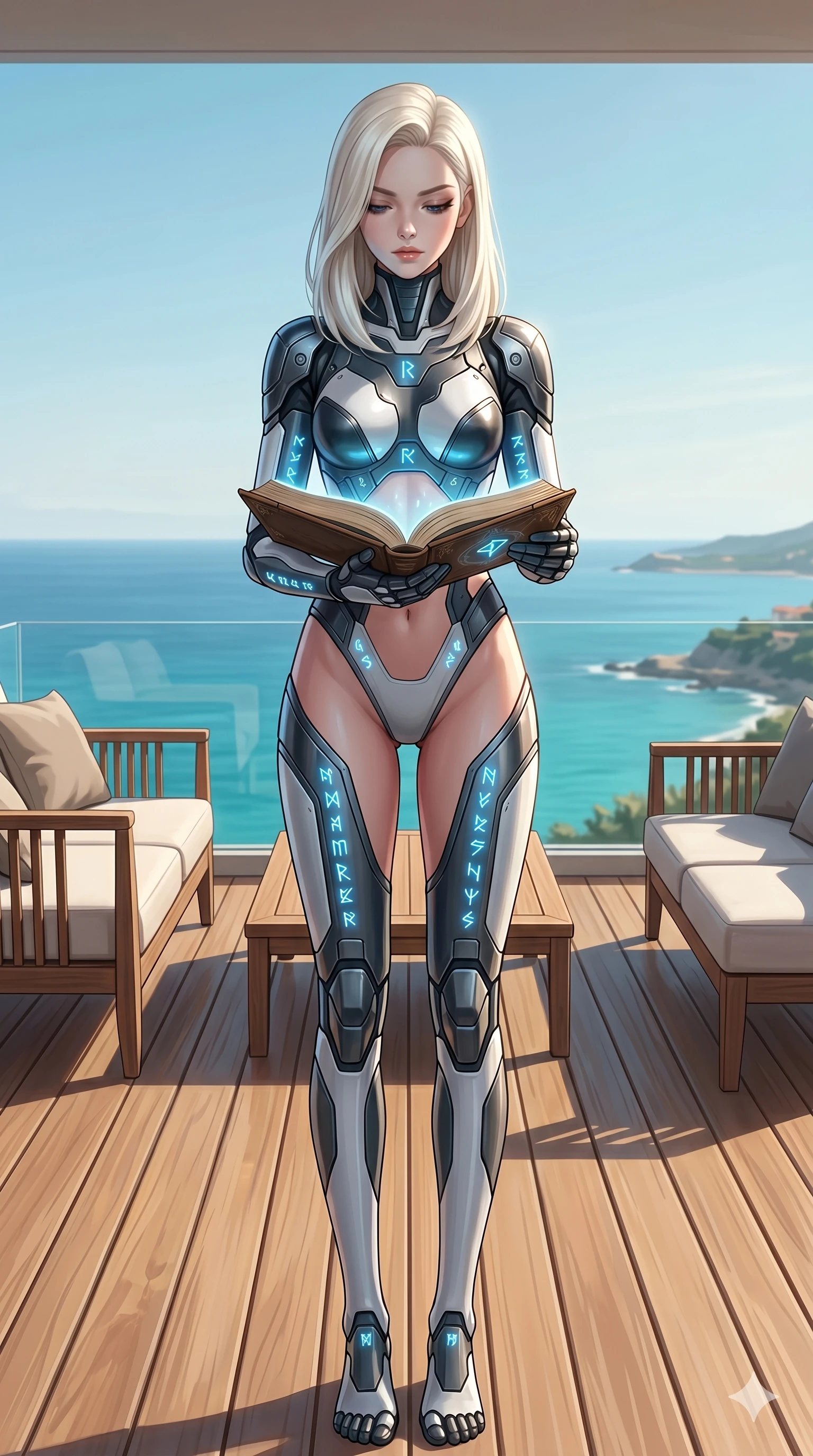 score_9, masterpiece, best quality, ultra-detailed, high-budget anime keyframe, editorial fashion photography, tasteful artistic composition, Caucasian woman, strictly human ears. cowboy shot from the thighs up, character and outfit filling the frame for maximum editorial presence. holding an open book, looking down with lowered lashes in a composed gesture on a private sun-deck overlooking the sea (Code-P17-114). She has an absolutely perfect 8-heads proportion, an exceptionally tall and slender female figure with impossibly long slender legs and an ultra-slim waist. V-shaped jawline, high-bridge nose, intricate jewel-like eyes with depth, thick eyelashes, glossy lips with a natural sheen. wearing a cybernetic bodysuit featuring exposed midriff and high-cut lines. mystical blue light from the runes, casting a cool glowing highlight on her face. 2k, ultra detail, master piece, 9:16 ratio