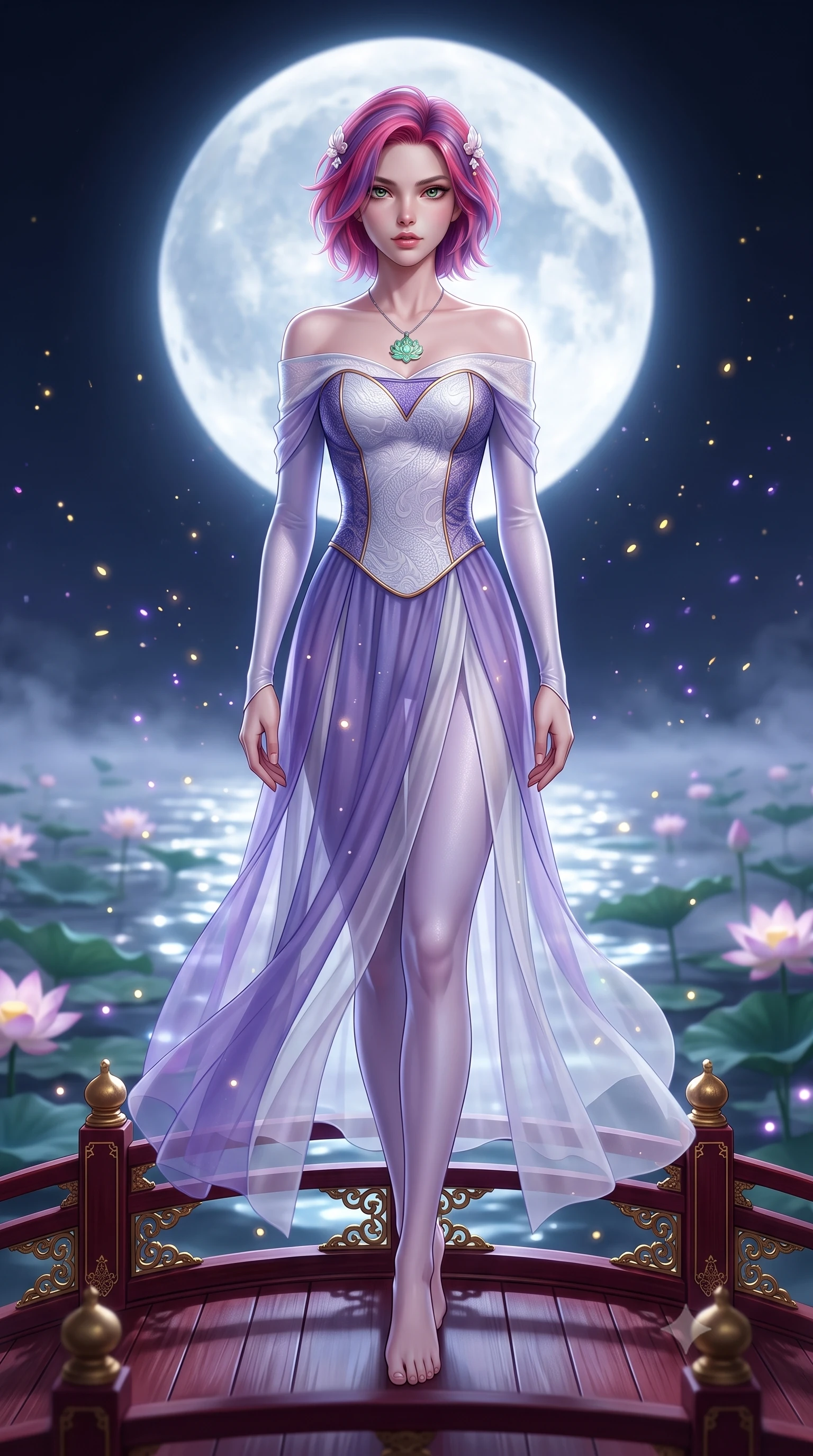 score_9, masterpiece, best quality, ultra-detailed, high-budget anime keyframe, semi-realistic 3D game render, editorial fashion photography, tasteful artistic composition, Caucasian woman. low angle full-body shot from head to toe showing her feet, filling the entire 9:16 vertical frame with her statuesque presence, stretching her vertical silhouette. landing lightly on the balls of her feet in a balanced kinetic stance, eyes locked onto the camera with fearless allure while standing poised on an ornate lacquered wooden bridge over a mist-covered lotus pond beneath a colossal glowing full moon. The composition keeps background elements in soft focus with creamy bokeh. shimmering lunar light reflections and floating lotus pollen scattering celestial glowing light motes. She has an absolutely perfect, statuesque 8.5-heads proportion, an exceptionally tall and slender model-like female figure with impossibly long slender legs, a toned flat midriff, and an ultra-slim waist. sharp v-shaped jawline, high-bridge nose, intricate jewel-like eyes with depth, thick eyelashes, glossy lips with a natural sheen, captivating and magnetic expression, flawlessly proportioned anatomical accuracy, strict slender model proportions, natural body alignment, perfectly sculpted long slender limbs, ultra-slim waistline, clean dynamic posture without body distortion. wearing a celestial lotus-inspired layered chiffon gown with an exposed clavicle bodice in celestial opal white and stardust violet, made of rich textured jacquard silk with dragon scale weave, accented with mother-of-pearl hair ornaments and a carved jade pendant, the glove-like aerodynamic second-skin fit tightly clinging to her ultra-slender waist and athletic curves without adding bulk, accentuating her razor-sharp statuesque lines and slim hourglass silhouette. illuminated by gentle ambient water bounce light defining her flawless features and slender waist. highly saturated vibrant anime colors, detailed shading with soft gradients, rich glossy textures, high-contrast stereoscopic depth, volumetric dynamic lighting, master piece, 9:16 ratio