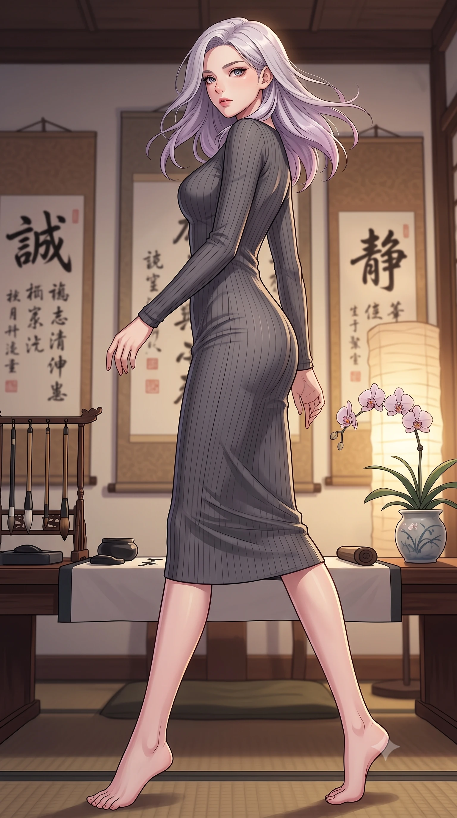 score_9, masterpiece, best quality, ultra-detailed, high-budget anime keyframe, tasteful artistic composition, Caucasian woman. low angle full-body shot from head to toe showing her feet, filling the entire 9:16 vertical frame with her statuesque presence, stretching her vertical silhouette. stepping gracefully while looking back over her shoulder, her dress draped tightly to reveal her silhouette the background shows a soft-focus a traditional study room with wooden scrolls, ink stones, and orchid plants. She has an absolutely perfect, statuesque 8.5-heads proportion, an exceptionally tall and slender model-like female figure with impossibly long slender legs and an ultra-slim waist. sharp v-shaped jawline, high-bridge nose, intricate jewel-like eyes with depth, thick eyelashes, glossy lips with a natural sheen. wearing a slim-fit form-contouring ribbed bodycon midi dress in charcoal grey with long sleeves. soft warm paper lamp glow creating a quiet and meditative atmosphere. highly saturated vibrant anime colors, cel-shading, 2d style, master piece, 9:16 ratio