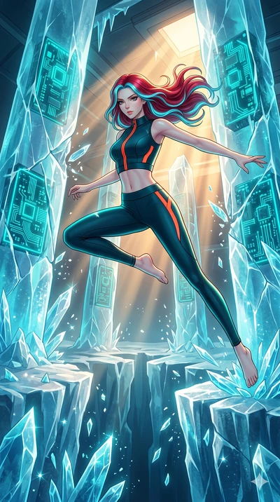 score_9, masterpiece, best quality, ultra-detailed, high-budget anime keyframe, Japanese woman. low angle full-body shot filling the entire 9:16 frame with her statuesque presence, stretching the vertical silhouette. leaping inside a sub-zero cyberne