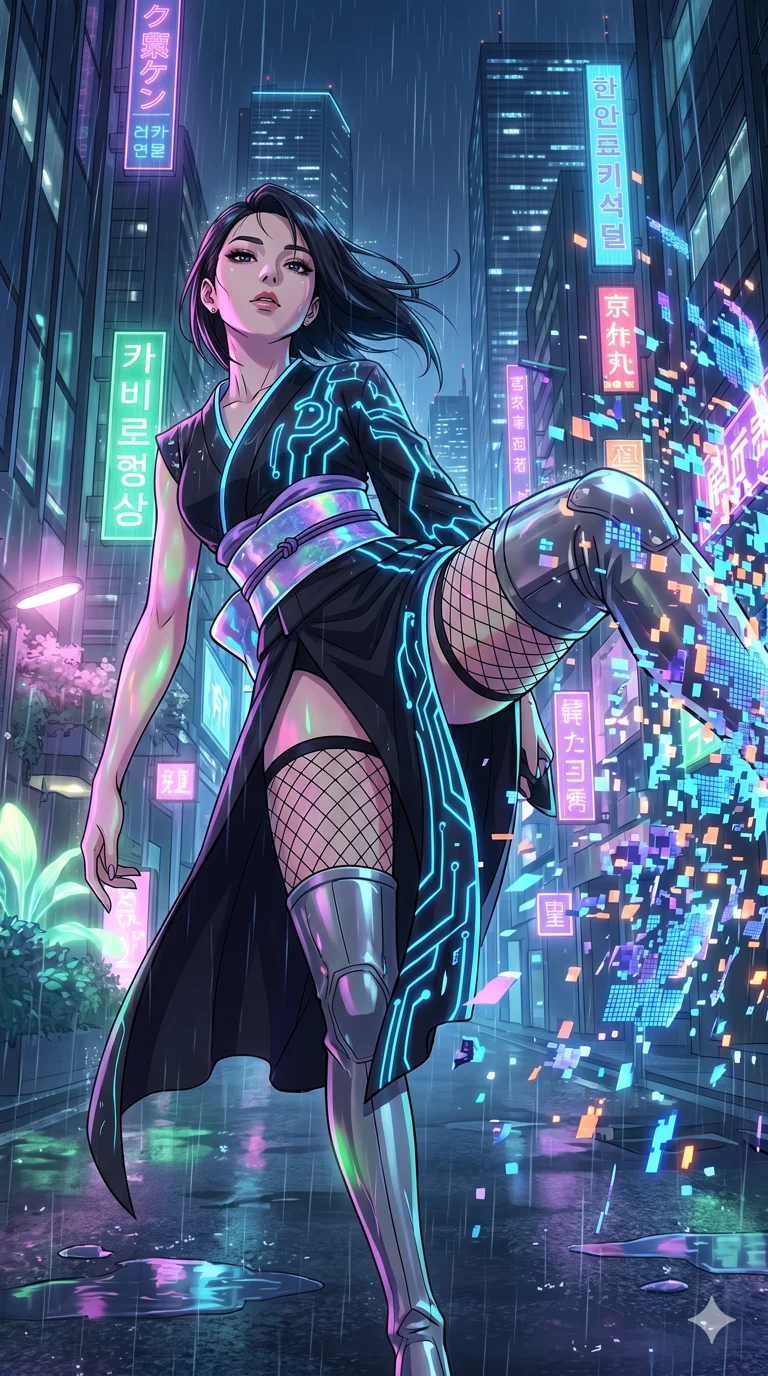 score_9, masterpiece, best quality, ultra-detailed, High-budget Anime Keyframe, vibrant colors, fluid line-art, expressive lighting, cinematic composition, Ufotable-style visual effects, top-tier animation quality, Korean woman with idol-like refined features. Low angle cowboy shot filling the entire 9:16 frame with her statuesque presence, looking up to emphasize her height. Kicking through a high-security holographic barrier, the digital mesh shattering into thousands of glowing pixels. She has an absolutely perfect 8-heads proportion, an exceptionally tall and slender female figure with impossibly long slender legs and an ultra-slim waist, her statuesque height and towering silhouette dominating the vertical 9:16 frame. Her face is a masterpiece featuring a sharp v-shaped jawline, high-bridge nose, intricate jewel-like eyes with depth, thick eyelashes, and glossy lips with a natural sheen. She is wearing a High-slit tech-kimono with holographic obi and integrated neon-lit circuitry patterns crafted from Fluorescent mesh that glows brightly under neon light, highlighting her silhouette, accompanied by sensual fishnet stockings and thigh-high metallic boots. The scene is set in a sprawling cyberpunk metropolis in heavy rain with vibrant neon glows reflecting on every surface, illuminated by soft bioluminescent glow from the environment casting ethereal colors on her skin. 2k, ultra detail, master piece, 9:16 ratio