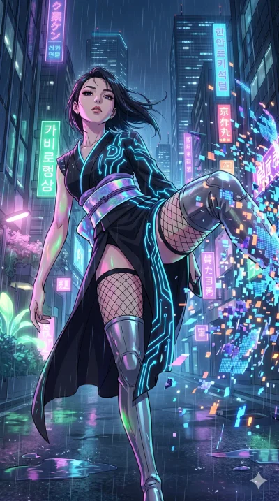 score_9, masterpiece, best quality, ultra-detailed, High-budget Anime Keyframe, vibrant colors, fluid line-art, expressive lighting, cinematic composition, Ufotable-style visual effects, top-tier animation quality, Korean woman with idol-like refined