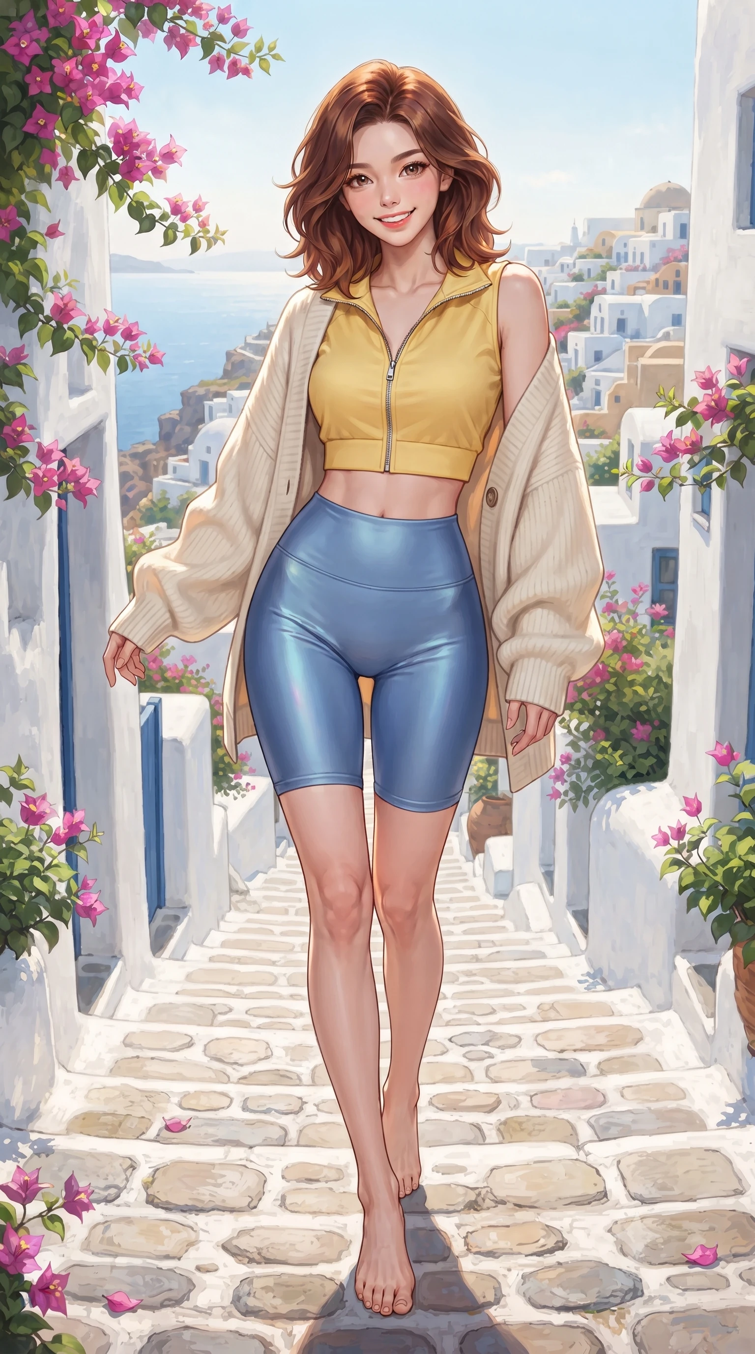 score_9, masterpiece, best quality, ultra-detailed, high-budget anime keyframe, editorial fashion photography, tasteful artistic composition, Korean woman. low angle full-body shot from head to toe showing her feet, filling the entire 9:16 vertical frame with her statuesque presence, stretching her vertical silhouette. reclining languidly on her side across the sunbed with one knee drawn up, her radiant smile and arched hip curve commanding the 9:16 vertical frame with youthful sensual charisma while descending the winding whitewashed cobblestone stairs framed by blooming bougainvillea, arching her back with a cheerful, dazzling smile. The surrounding environment is rendered in vivid detail and crisp panoramic clarity. sharp lime-wash plaster textures, cobblestone stair seams, and bougainvillea petal venation in deep focus. She has an exceptionally tall and slender model-like 8.5-heads proportion, an ultra-slim waist, a flat toned midriff, narrow delicate ribcage, and beautifully sculpted feminine hips creating a graceful, slim hourglass silhouette without any bulky heaviness, with impossibly long slender legs. sharp v-shaped jawline, high-bridge nose, intricate jewel-like sparkling eyes with depth, thick eyelashes, glossy parted lips with a natural peach sheen, bright cheerful beaming smile with an enchanting and coquettish sensual glint, exuding both youthful cute charm and seductive allure, flawlessly proportioned anatomical accuracy, strict slender model proportions, natural body alignment, perfectly sculpted long slender limbs, ultra-slim waistline, clean dynamic posture without body distortion. wearing a sporty chic zip-up crop jacket paired with high-waisted biker shorts clinging to her athletic hips in sunny daffodil yellow and clear sky blue, made of smooth fluid silk satin with a delicate pearlescent sheen, complemented by an oversized soft knit cardigan slipping off one bare shoulder, the liquid-tight tailored fabric clinging flawlessly to her narrow waist and rounded feminine hips, emphasizing every millimeter of her sculpted slim hourglass curves without any bulky heaviness. bathed in rich Mediterranean afternoon sunlight and intense whitewashed plaster bounce fill. ultra-reflective glossy finish, specular highlights, rich textural contrasts, high-contrast stereoscopic depth, volumetric dynamic lighting, 2k, ultra detail, master piece, 9:16 ratio