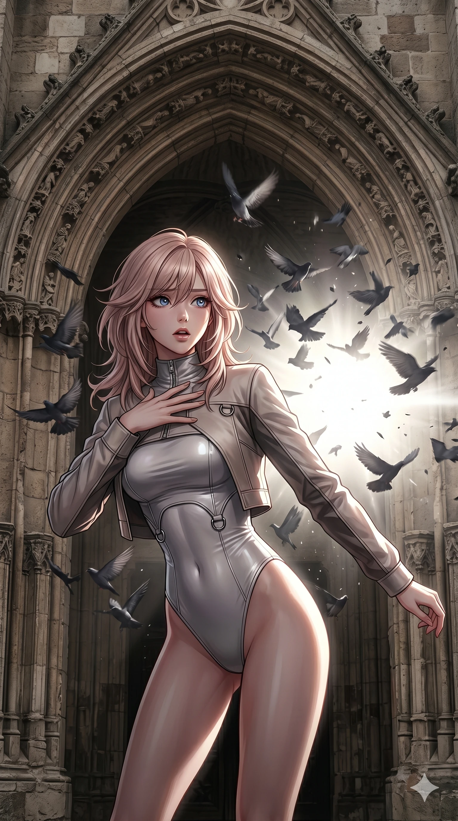 score_9, masterpiece, best quality, ultra-detailed, high-budget anime keyframe, editorial fashion photography, tasteful artistic composition, Japanese woman. cowboy shot from the thighs up, character and outfit filling the frame for maximum editorial presence. flinching back slightly, her hand raised to her collarbone in a gesture of sudden alarm standing under an old cathedral archway as a flock of birds bursts out (Scenario Code U-26). She has an absolutely perfect 8-heads proportion, an exceptionally tall and slender female figure with impossibly long slender legs and an ultra-slim waist. V-shaped jawline, high-bridge nose, intricate jewel-like eyes with depth, thick eyelashes, glossy lips with a natural sheen. wearing an asymmetric crop jacket over a tight micro-bodysuit with metallic ring hardware. illuminated by the sudden blinding white flash of a nearby explosion or searchlight. 2k, ultra detail, master piece, 9:16 ratio