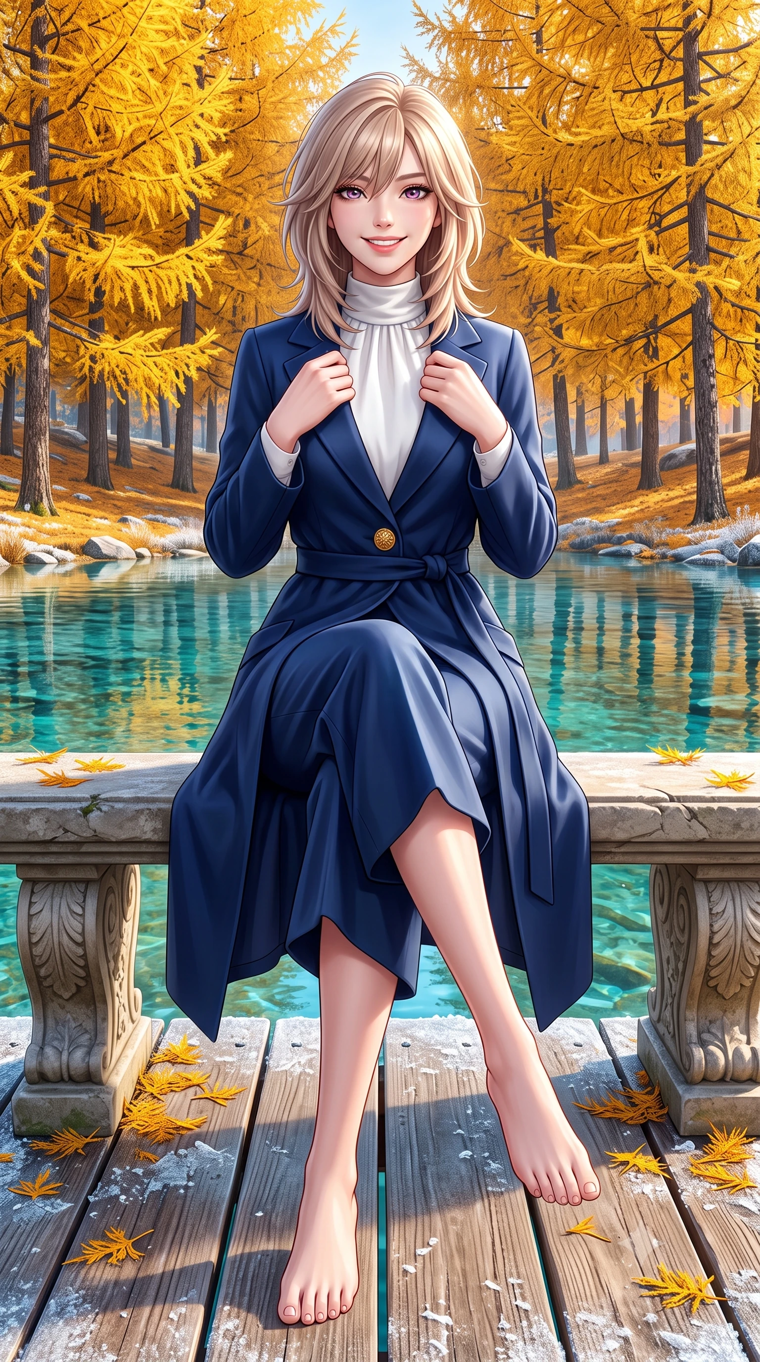 score_9, masterpiece, best quality, ultra-detailed, high-budget anime keyframe, semi-realistic 3D game render, editorial fashion photography, tasteful artistic composition, Japanese woman. low angle full-body shot from head to toe showing her feet, filling the entire 9:16 vertical frame with her statuesque presence, stretching her vertical silhouette. sitting gracefully on the carved stone bench with legs crossed at the ankles, hands resting gently in her lap with noble poise while pausing beneath a stand of brilliant golden larch trees reflecting in the turquoise water, holding her coat lapels with refined elegance. The surrounding environment is rendered in vivid detail and crisp panoramic clarity: sharp ice crystal needles on wooden boardwalk planks, fallen larch needles, and ripples on glassy water in deep focus. She has an exceptionally tall and slender model-like 8.5-heads proportion, an ultra-slim waist, a flat toned midriff, narrow delicate ribcage, and beautifully sculpted feminine hips creating a graceful, slim hourglass silhouette without any bulky heaviness, with impossibly long slender legs. sharp v-shaped jawline, high-bridge nose, intricate jewel-like sparkling eyes with depth, thick eyelashes, glossy parted lips with a natural peach sheen, bright cheerful beaming smile with an enchanting and coquettish sensual glint, exuding both youthful cute charm and seductive allure, flawlessly proportioned anatomical accuracy, strict slender model proportions, natural body alignment, perfectly sculpted long slender limbs, ultra-slim waistline, clean dynamic posture without body distortion. wearing a modern tailored silk-blend robe coat with minimalist sash belt layered over a high-neck blouse and wide culottes in French navy blue and crisp alabaster white, crafted from fluid mulberry silk twill with an understated lustrous pearl finish, accented with an ornate 24k gold lion-embossed crest button along the front closure, the structured cinched belt emphasizing her narrow waistline and gracefully balanced proportions with timeless haute-couture polish. illuminated by frosted ground bounce and sharp crystalline rim lights defining her features, narrow waist, and statuesque height. highly saturated vibrant anime colors, detailed shading with soft gradients, rich glossy textures, high-contrast stereoscopic depth, volumetric dynamic lighting, master piece, 9:16 ratio