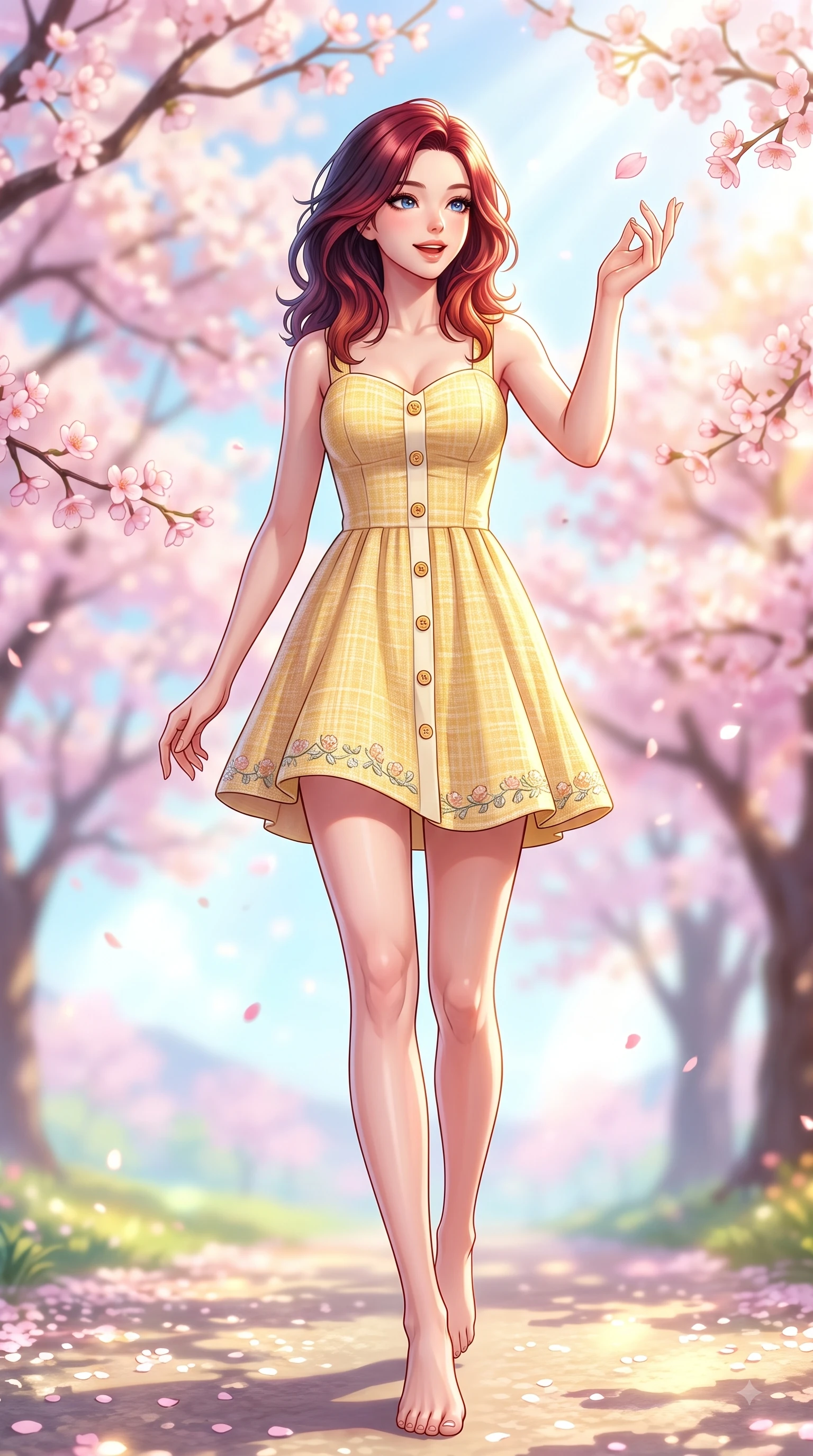 score_9, masterpiece, best quality, ultra-detailed, high-budget anime keyframe, editorial fashion photography, tasteful artistic composition, Korean woman. low angle full-body shot from head to toe showing her feet, filling the entire 9:16 vertical frame with her statuesque presence, stretching her vertical silhouette. stepping forward gracefully in mid-motion with a delighted cute expression, displaying her statuesque model proportions while reaching her hand up playfully to catch a floating blossom petal with a joyful expression. The composition keeps background elements in soft focus with dreamy bokeh. pastel spring sky refractions and flower branches blurred in smooth creamy depth. She has an absolutely perfect, statuesque 8.5-heads proportion, an exceptionally tall and slender model-like female figure with impossibly long slender legs and an ultra-slim waist. sharp v-shaped jawline, high-bridge nose, intricate jewel-like eyes with depth, thick eyelashes, glossy lips with a natural sheen, flawlessly proportioned anatomical accuracy, natural body alignment, perfectly sculpted elegant limbs, clean dynamic posture without body distortion. wearing a sunny yellow cotton sundress with a sweetheart neckline and wooden button accents in bright butter yellow and fresh cream white, tailored from soft pastel tweed with subtle metallic thread, complemented by delicate embroidered floral trim along the hem, the relaxed yet flattering fit accentuating her naturally graceful and slender figure. bathed in bright morning sunbeams and warm golden sakura backlighting. highly saturated vibrant anime colors, detailed shading with soft gradients, rich glossy textures, high-contrast stereoscopic depth, volumetric dynamic lighting, master piece, 9:16 ratio