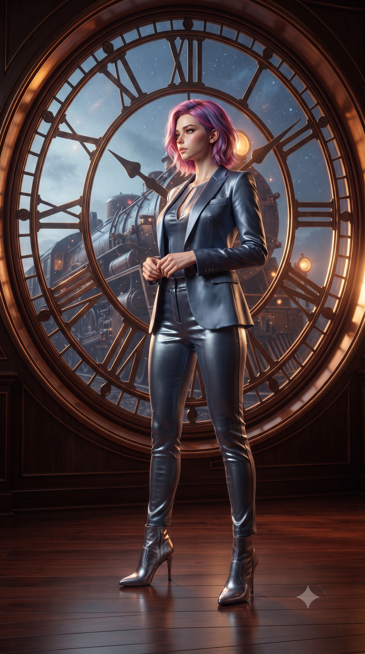 score_9, masterpiece, best quality, ultra-detailed, high-budget anime keyframe, editorial fashion photography, tasteful artistic composition, Caucasian woman. low angle full-body shot from head to toe showing her feet, filling the entire 9:16 vertical frame with her statuesque presence, stretching her vertical silhouette. navigating the luminous space with effortless poise, displaying her perfect model proportions gazing out a massive circular clock window at a twilight galaxy express train, rich mahogany and polished bronze textures reflecting warm hearth light. She has an absolutely perfect, statuesque 8.5-heads proportion, an exceptionally tall and slender model-like female figure with impossibly long slender legs and an ultra-slim waist. sharp v-shaped jawline, high-bridge nose, intricate jewel-like eyes with depth, thick eyelashes, glossy lips with a natural sheen. wearing a tailored silk blazer over a form-contouring top and fitted slacks in slate blue and metallic silver, made of premium stretch velvet with a rich sheen, accented with a Tasteful chest slit framing her clavicle gracefully, the form-contouring material highlighting her ultra-slim waist and long lines. bathed in warm twilight amber backlighting and rich metallic specular glow. ultra-reflective glossy finish, specular highlights, metallic sheen, high-contrast stereoscopic depth, volumetric dynamic lighting, 2k, ultra detail, master piece, 9:16 ratio