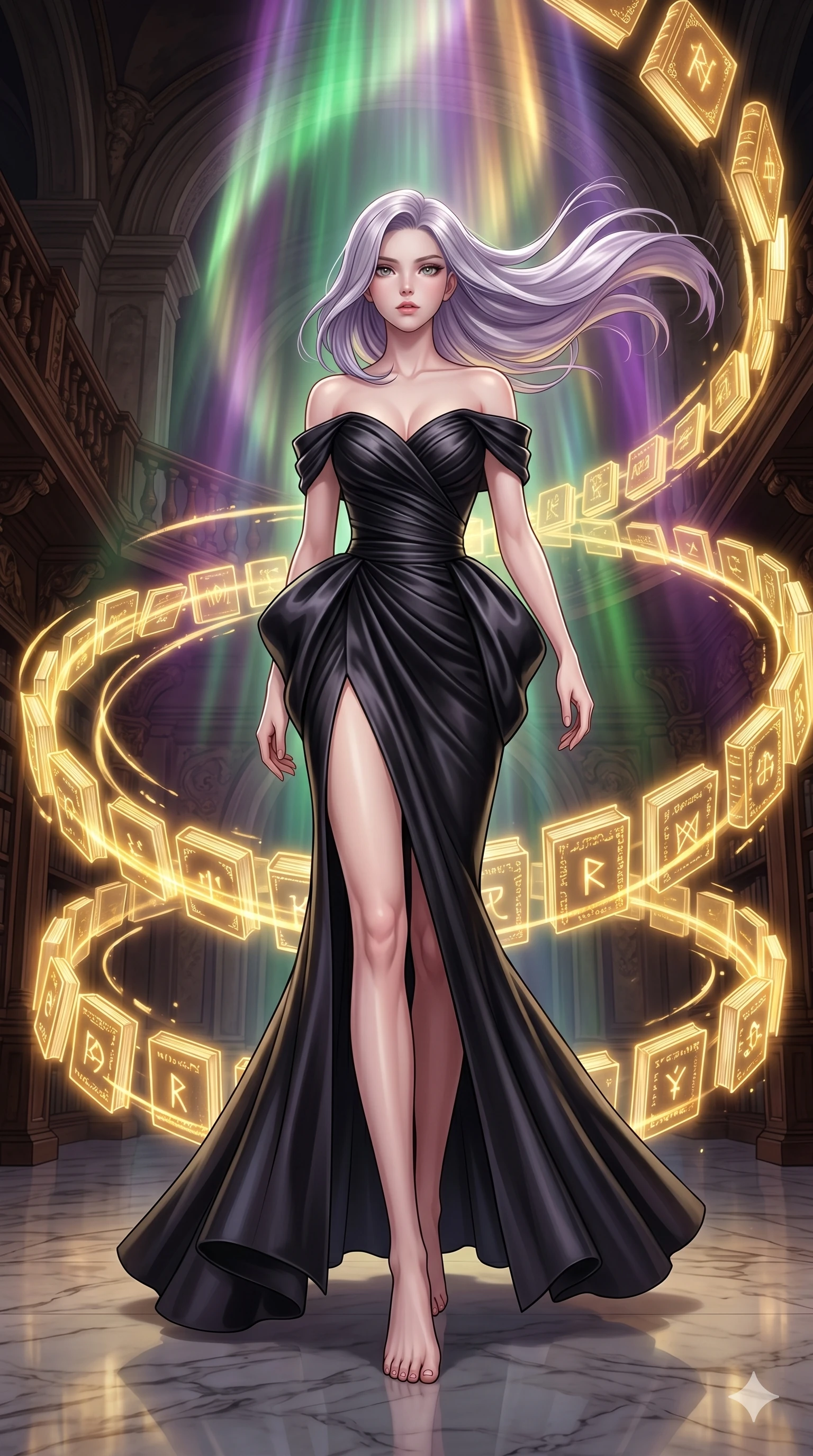 score_9, masterpiece, best quality, ultra-detailed, high-budget anime keyframe, editorial fashion photography, tasteful artistic composition, Caucasian woman, strictly human ears. low angle full-body shot from head to toe showing her feet, filling the entire 9:16 vertical frame with her statuesque presence, stretching her vertical silhouette. Walking in slow-motion with dramatic hair movement behind her amidst a baroque library where glowing golden books orbit in slow spiral patterns. She has an absolutely perfect 8-heads proportion, an exceptionally tall and slender female figure with impossibly long slender legs and an ultra-slim waist. V-shaped jawline, high-bridge nose, intricate jewel-like eyes with depth, thick eyelashes, glossy lips with a natural sheen. wearing an off-shoulder fitted mermaid gown in black pearl satin with sculptural ruched bodice, dramatic hip emphasis, and a fluted fishtail hem with a daring high front slit. illuminated by a shifting aurora palette of green, violet, and gold from above, wrapping her in color. 2k, ultra detail, master piece, 9:16 ratio