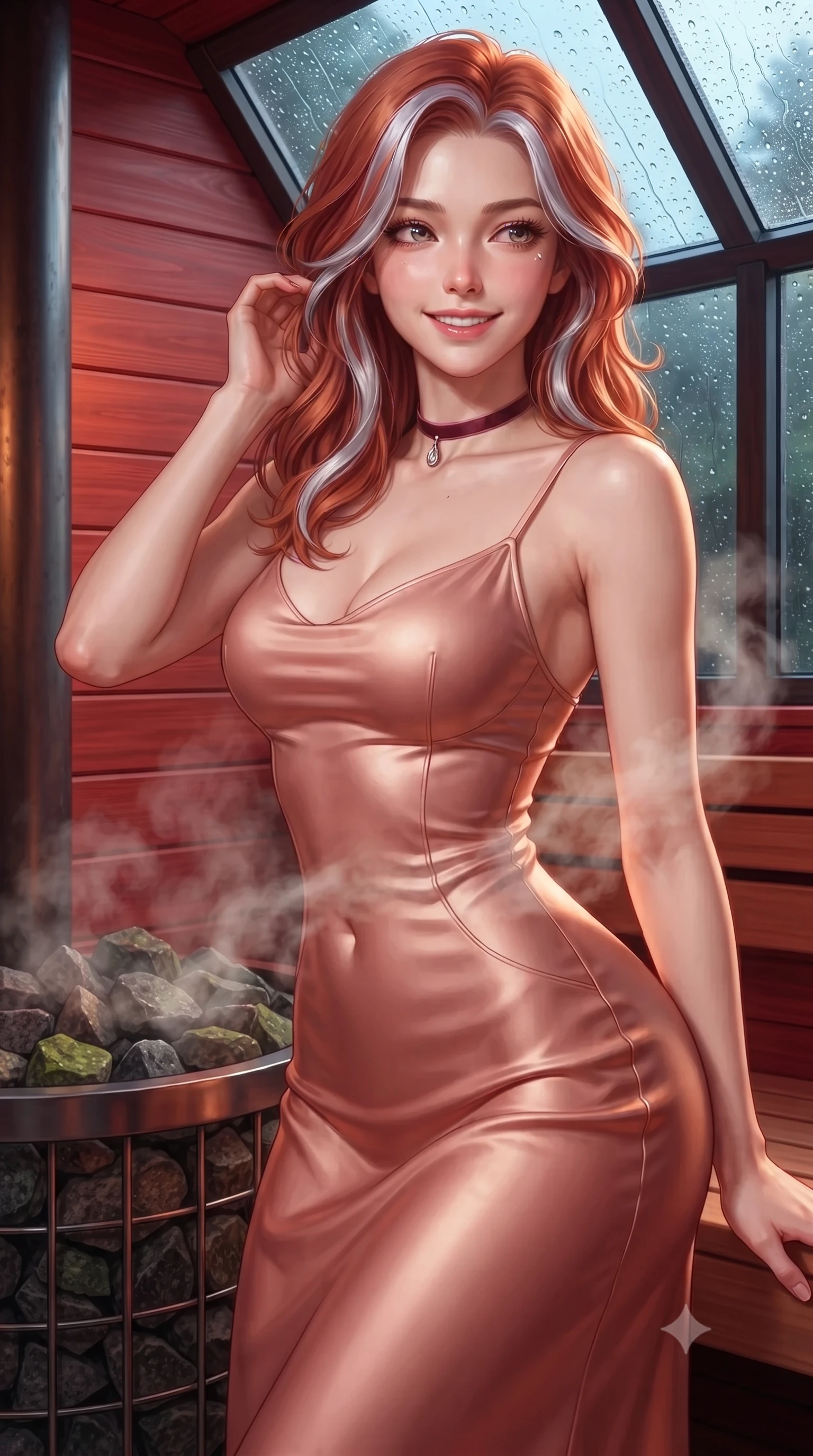 score_9, masterpiece, best quality, ultra-detailed, high-budget anime keyframe, editorial fashion photography, tasteful artistic composition, Caucasian woman. close-up cowboy shot from the waist and thighs up, the character dominates the composition, filling the frame with her large presence. gently brushing a lock of hair behind her ear while casting a playful, flirtatious side-gaze with long eyelashes while twisting her slender torso in an alluring S-curve beside the heated stone stove, rising pine-scented steam wrapping around her narrow waist and curvy hips. The surrounding environment is rendered in vivid detail and crisp panoramic clarity: sharp red cedar plank textures, heated volcanic peridotite stove rocks, and water droplet beads on structural glass in deep focus. She has an exceptionally elegant, slender, and willowy female figure with an ultra-slim waist, flat toned midriff, narrow ribcage, and sculpted feminine hips creating an alluring, slim hourglass silhouette without bulk. sharp v-shaped jawline, high-bridge nose, intricate jewel-like sparkling eyes with depth, thick eyelashes, glossy parted lips with a natural peach sheen, bright cheerful beaming smile with an enchanting and coquettish sensual glint, exuding both youthful cute charm and seductive allure, flawlessly proportioned anatomical accuracy, strict slender model proportions, natural body alignment, perfectly sculpted long slender limbs, ultra-slim waistline, clean dynamic posture without body distortion. wearing a sculpted liquid satin bias-cut slip dress tailored with contouring seams that adhere flawlessly over her feminine hips in rose-quartz blush and burnished copper, made of fluid liquid jersey with seamless sculpting hold and smooth contours, finished with a thin velvet ribbon choker and a single teardrop diamond pendant, the second-skin tailored fabric adhering flawlessly to her sculpted flat midriff and slender torso, emphasizing her long leg lines and perfectly proportioned willowy build. bathed in warm 2200K interior sauna amber downlights contrasted with cool 5500K Arctic oceanic daylight through glass. ultra-reflective glossy finish, specular highlights, rich textural contrasts, high-contrast stereoscopic depth, volumetric dynamic lighting, 2k, ultra detail, master piece, 9:16 ratio