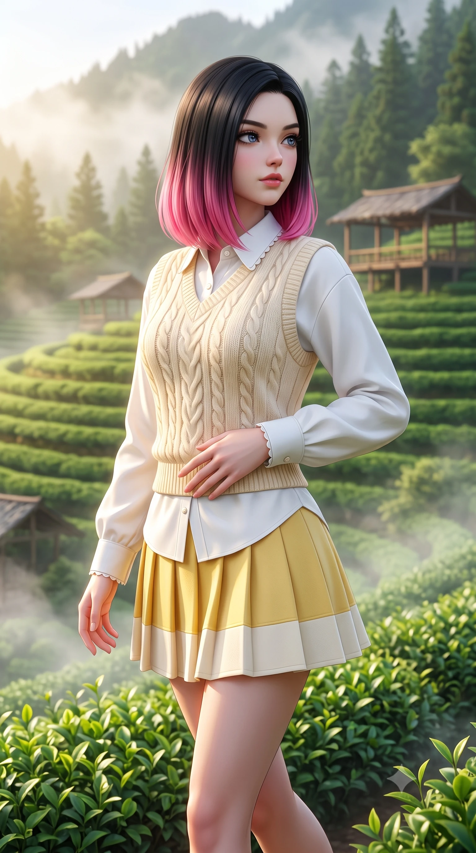 score_9, masterpiece, best quality, ultra-detailed, high-budget anime keyframe, semi-realistic 3D game render, editorial fashion photography, tasteful artistic composition, Korean woman. close-up cowboy shot from the waist and thighs up, the character dominates the composition, filling the frame with her large presence. resting one hand lightly on her waist while casting a charming, captivating side-gaze with thick eyelashes while walking gracefully along terraced emerald green tea rows as gentle morning mist swirls around her steps. The composition keeps background elements in soft focus with creamy bokeh. distant pine-covered mountain peaks and rustic tea drying pavilions softened in atmospheric depth. She has an exceptionally elegant, slender, and willowy female figure with an ultra-slim waist, a gracefully sculpted slender torso, toned flat midriff, and a refined slim silhouette. sharp v-shaped jawline, high-bridge nose, intricate jewel-like eyes with depth, thick eyelashes, glossy lips with a natural sheen, pure and lovely fresh girlhood expression, flawlessly proportioned anatomical accuracy, strict slender model proportions, natural body alignment, perfectly sculpted long slender limbs, ultra-slim waistline, clean dynamic posture without body distortion. wearing a cozy cable-knit sweater vest layered over an oversized crisp white shirt and a pleated tennis skirt in fresh buttercup yellow and clean cream white, tailored from soft pastel lightweight wool blend with subtle texture, finished with delicate scallop trims and tiny pearl buttons, the body-hugging lightweight knit clinging delicately to her slender torso, accentuating her graceful neck and feminine lines. surrounded by a peaceful, pristine, and deeply refreshing morning goddess aura. highly saturated vibrant anime colors, detailed shading with soft gradients, rich glossy textures, high-contrast stereoscopic depth, volumetric dynamic lighting, master piece, 9:16 ratio