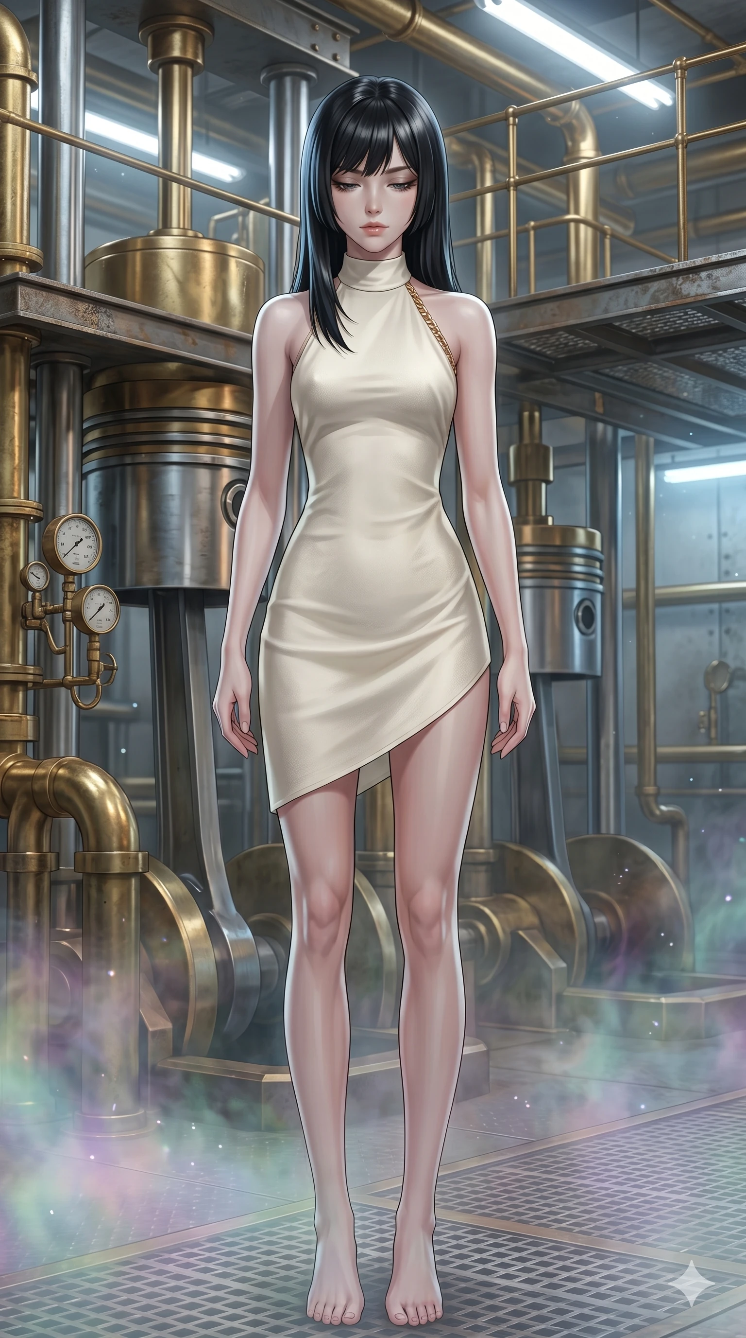 score_9, masterpiece, best quality, ultra-detailed, high-budget anime keyframe, editorial fashion photography, tasteful artistic composition, Caucasian woman, strictly human ears. cowboy shot from the thighs up, character and outfit filling the frame for maximum editorial presence. Looking down with lowered lashes, her expression quiet, powerful, and full of composure within a steampunk engine room with giant pistons moving up and down, with a soft holographic mist slowly rising from the floor. She has an absolutely perfect 8-heads proportion, an exceptionally tall and slender female figure with impossibly long slender legs and an ultra-slim waist. V-shaped jawline, high-bridge nose, intricate jewel-like eyes with depth, thick eyelashes, glossy lips with a natural sheen. wearing a minimalist cream-white halter dress with a single gold chain strap and an elevated side hemline. under cold white laboratory lights with soft blue fill lighting, creating a sterile yet beautiful mood. 2k, ultra detail, master piece, 9:16 ratio