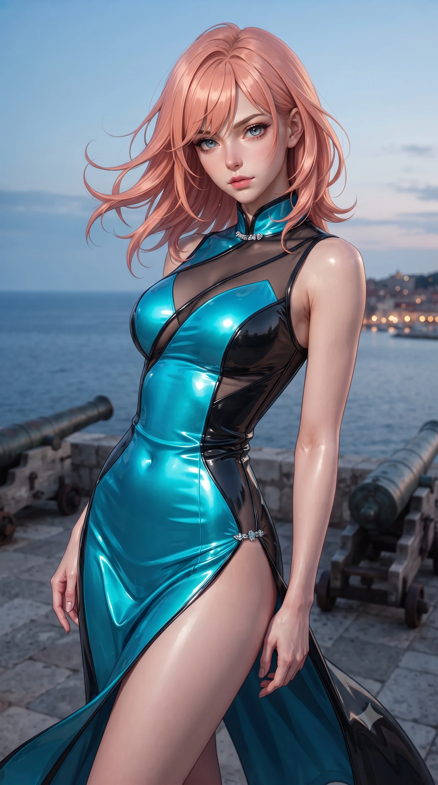score_9, masterpiece, best quality, ultra-detailed, high-budget anime keyframe, editorial fashion photography, tasteful artistic composition, Japanese woman. close-up cowboy shot from the waist and thighs up, the character dominates the composition, filling the frame with her large presence. leaning back with relaxed seductive grace, her sculpted collarbones and narrow waist highlighted as she casts smoldering bedroom-eyes directly into the camera while standing poised on the fortress artillery platform, twisting her slender torso in an alluring contrapposto stance as the sea wind whips her gown. The surrounding environment is rendered in vivid detail and crisp panoramic clarity. detailed linen and silk gown weave, sea breeze-blown hair strands, and Adriatic horizon clarity in high resolution. She has an exceptionally elegant, slender, and willowy female figure with an ultra-slim waist, flat toned midriff, narrow ribcage, and sculpted feminine hips creating an alluring, slim hourglass silhouette without bulk. sharp v-shaped jawline, high-bridge nose, intricate jewel-like eyes with depth, thick eyelashes, glossy parted lips with a natural sheen, intensely captivating and seductive bedroom-eyes expression, flawlessly proportioned anatomical accuracy, strict slender model proportions, natural body alignment, perfectly sculpted long slender limbs, ultra-slim waistline, clean dynamic posture without body distortion. wearing a wet-look silk fusion wrap dress with asymmetrical sheer mesh cutouts and high Mandarin collar in neon electric cyan and lacquer black, made of fluid silk crepe with delicate inner corsetry boning, finished with an ultra-high side slit secured by miniature jeweled clasps, the glove-like aerodynamic silhouette tightly following the natural contour of her hips and long slender legs with statuesque 8.5-heads elegance. illuminated by intense specular sea foam reflections sharply sculpting her razor-sharp jawline, narrow waist, and curvy hips. ultra-reflective glossy finish, specular highlights, rich textural contrasts, high-contrast stereoscopic depth, volumetric dynamic lighting, 2k, ultra detail, master piece, 9:16 ratio