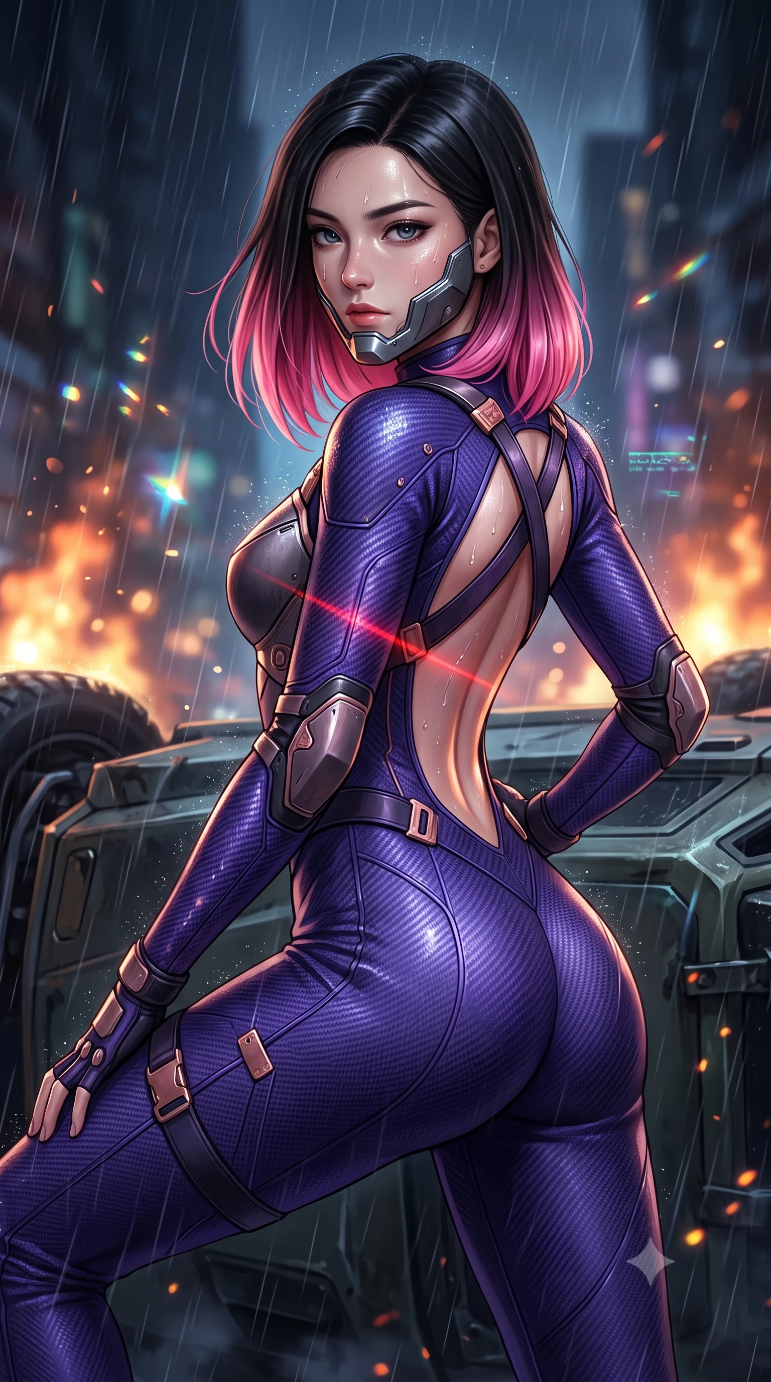 score_9, masterpiece, best quality, ultra-detailed, high-budget anime keyframe, semi-realistic 3D game render, editorial fashion photography, tasteful artistic composition, Korean woman. close-up cowboy shot from the waist and thighs up, the character dominates the composition, filling the frame with her large presence. tilting her head slightly with solemn warrior composure, sweat and rain glistening on her sculpted collarbones and high-bridge nose while pivoting dynamically across overturned armored transports as red laser targeting sights sweep across her athletic torso. The composition keeps background elements in soft focus with creamy bokeh. drifting fire embers and holographic HUD motes scattering radiant glints across a dark urban warzone. She has an exceptionally elegant, slender, and willowy female figure with an ultra-slim waist, a gracefully sculpted slender torso, toned flat midriff, and a refined slim silhouette. sharp v-shaped jawline, high-bridge nose, intricate jewel-like eyes with depth, thick eyelashes, glossy lips with a natural sheen, fierce and resolute heroine expression, flawlessly proportioned anatomical accuracy, strict slender model proportions, natural body alignment, perfectly sculpted long slender limbs, ultra-slim waistline, clean dynamic posture without body distortion. wearing a sleek titanium half-face combat rebreather guard protecting her lower jaw while leaving her expressive eyes and long hair flowing freely, paired with a tailored tactical combat jumpsuit with an open-back harness design, reinforced composite breastplate, and high-mobility elbow dampers in royal purple carbon fiber with distressed rose-gold hardware and buckles, tailored from flexible second-skin ballistic carbon-mesh adhering flawlessly to her athletic build, complemented by criss-cross back harness straps highlighting her completely bare spine, the sleek second-skin cut tightly hugging her graceful clavicle, narrow waist, and feminine curves with athletic precision. surrounded by a rebellious, passionate, and fiercely alluring dystopian freedom-fighter aura. rich saturated anime colors with glowing neon highlights, detailed shading with soft gradients, rich glossy textures, high-contrast stereoscopic depth, volumetric dynamic lighting, master piece, 9:16 ratio