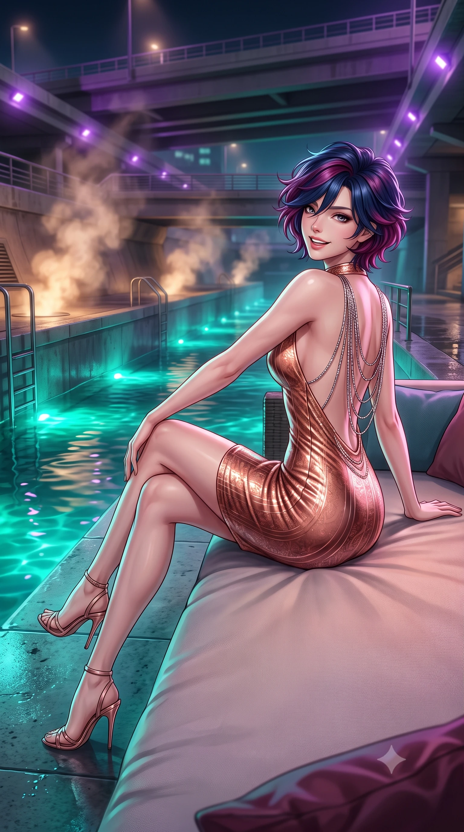 score_9, masterpiece, best quality, ultra-detailed, high-budget anime keyframe, semi-realistic 3D game render, editorial fashion photography, tasteful artistic composition, Korean woman. low angle full-body shot from head to toe showing her feet, filling the entire 9:16 vertical frame with her statuesque presence, stretching her vertical silhouette. lounging on the lavish daybed with legs crossed and hips angled toward the camera, displaying her toned midriff and long slender limbs with effortless siren poise while sitting poised on the sleek concrete canal ledge with one knee bent, arching her back with playful elegance and parted glossy lips. The background shows a soft-focus swirling warm steam from canal vents softened in subterranean urban waterway shallow focus. She has an exceptionally tall and slender model-like 8.5-heads proportion, an ultra-slim waist, a flat toned midriff, narrow delicate ribcage, and beautifully sculpted feminine hips creating a graceful, slim hourglass silhouette without any bulky heaviness, with impossibly long slender legs. sharp v-shaped jawline, high-bridge nose, intricate jewel-like sparkling eyes with depth, thick eyelashes, glossy parted lips with a natural peach sheen, bright cheerful beaming smile with an enchanting and coquettish sensual glint, exuding both youthful cute charm and seductive allure, flawlessly proportioned anatomical accuracy, strict slender model proportions, natural body alignment, perfectly sculpted long slender limbs, ultra-slim waistline, clean dynamic posture without body distortion. wearing a tailored velvet bodycon dress with metallic fiber pinstripes following her statuesque 8.5-heads silhouette in high-gloss rose-gold and burnished copper, woven from buttery-soft stretch lambskin leather adhering to her body like a second skin, accented with an open-back drape framed by falling strands of delicate chrome chains, the bespoke structured tailoring following the natural line of her 8.5-heads silhouette with refined elegance. bathed in vivid emerald-cyan underwater LEDs combined with ambient violet floodlights from the highway bridges. highly saturated vibrant anime colors, detailed shading with soft gradients, rich glossy textures, high-contrast stereoscopic depth, volumetric dynamic lighting, master piece, 9:16 ratio
