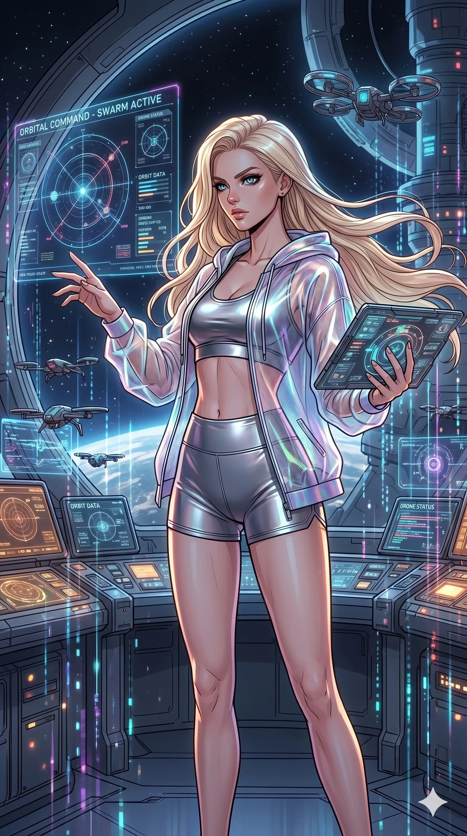 score_9, masterpiece, best quality, ultra-detailed, high-budget anime movie keyframe, cinematic anime lighting, intricate line art, Caucasian (strictly human ears) woman. Medium shot of upper body capturing the intricate details of her high-fashion attire. commanding a drone swarm in a futuristic orbital station with holographic rain. She has an absolutely perfect 8-heads proportion, an exceptionally tall and slender female figure with an ultra-slim waist and impossibly long slender legs. sharp v-shaped jawline, high-bridge nose, intricate jewel-like eyes, thick eyelashes, glossy lips. Wearing premium athleisure set with a metallic-finish compression top, high-cut yoga shorts that accentuate her long legs, and a sheer oversized hoodie. The scene is illuminated by dramatic atmospheric lighting and vibrant color palettes. , 2k, ultra detail, master piece, 9:16 ratio