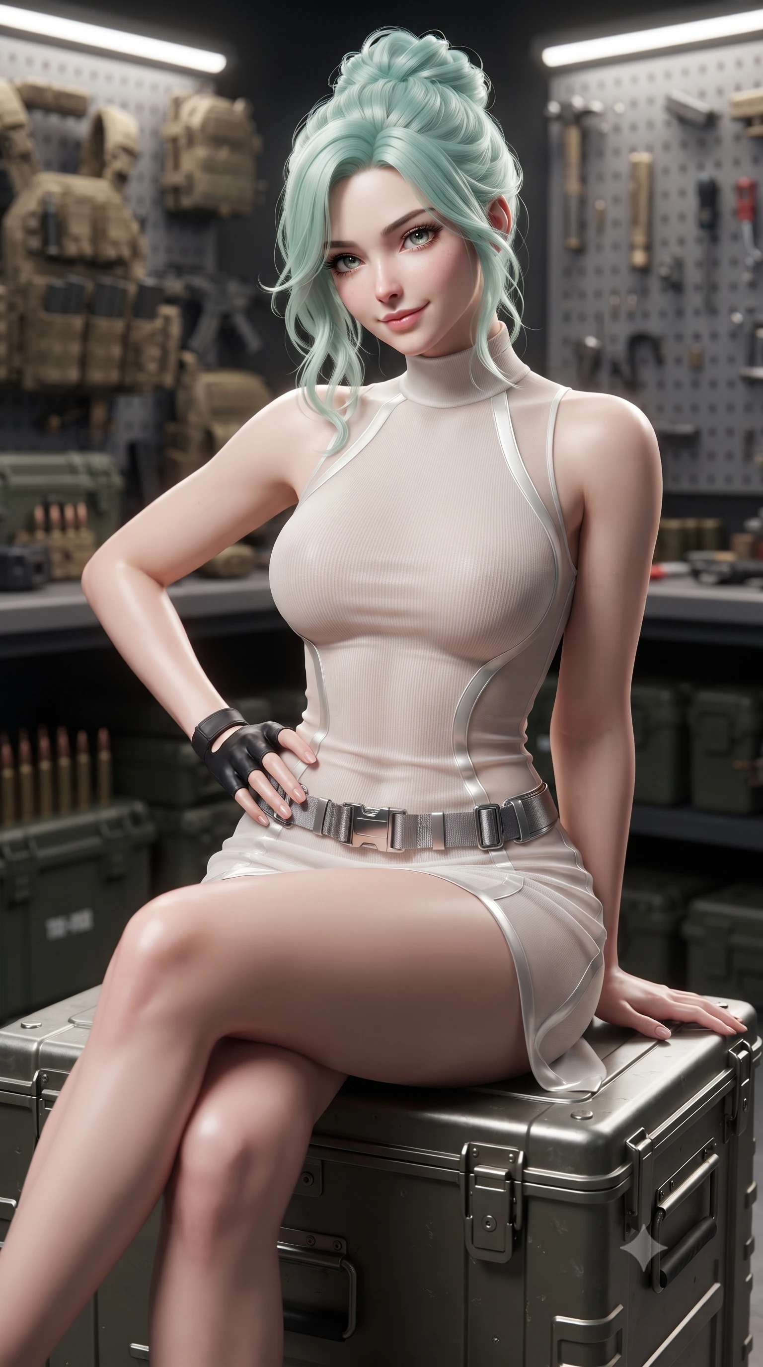 score_9, masterpiece, best quality, ultra-detailed, high-budget anime keyframe, editorial fashion photography, tasteful artistic composition, Japanese woman. close-up cowboy shot from the waist and thighs up, the character dominates the composition, filling the frame with her large presence. tilting her head with a teasing half-smile, running one hand slowly down the side of her hip in a flirtatious S-curve as ambient light caresses her silhouette while perched sideways on the metal crate with legs crossed, resting a fingerless gloved hand on her hip with effortless spy glamour. The background shows a soft-focus rows of customized tactical gear, ammunition cases, and tool pegboards blurred into matte carbon, brass, and gunmetal bokeh. She has an exceptionally elegant, slender, and willowy female figure with an ultra-slim waist, flat toned midriff, narrow ribcage, and sculpted feminine hips creating an alluring, slim hourglass silhouette without bulk. sharp v-shaped jawline, high-bridge nose, sparkling eyes with hypnotic seductive depth, thick curled eyelashes, glossy parted lips with a natural dewy peach sheen, alluring bedroom-eyes with an enchanting coquettish smile, exuding magnetic siren charisma and sophisticated glamour, flawlessly proportioned anatomical accuracy, strict slender model proportions, natural body alignment, perfectly sculpted long slender limbs, ultra-slim waistline, clean dynamic posture without body distortion. wearing a provocative high-neck sheer illusion ballet dress with liquid satin ribbons contouring her curves in pure pearl alabaster with liquid platinum sheen, tailored from fine ribbed modal knit with gentle elastic contouring and soft hand-feel, accented with a quick-release tactical chrome buckle harness resting snugly across her hips, the form-contouring silhouette accentuating her sculpted flat midriff, narrow delicate ribcage, and gracefully curvy hips with intoxicating allure. illuminated by polished steel tabletop bounce and sharp platinum rim lights defining her razor-sharp jawline, narrow waist, and curvy hips. ultra-reflective glossy finish, specular highlights, rich textural contrasts, high-contrast stereoscopic depth, volumetric dynamic lighting, 2k, ultra detail, master piece, 9:16 ratio
