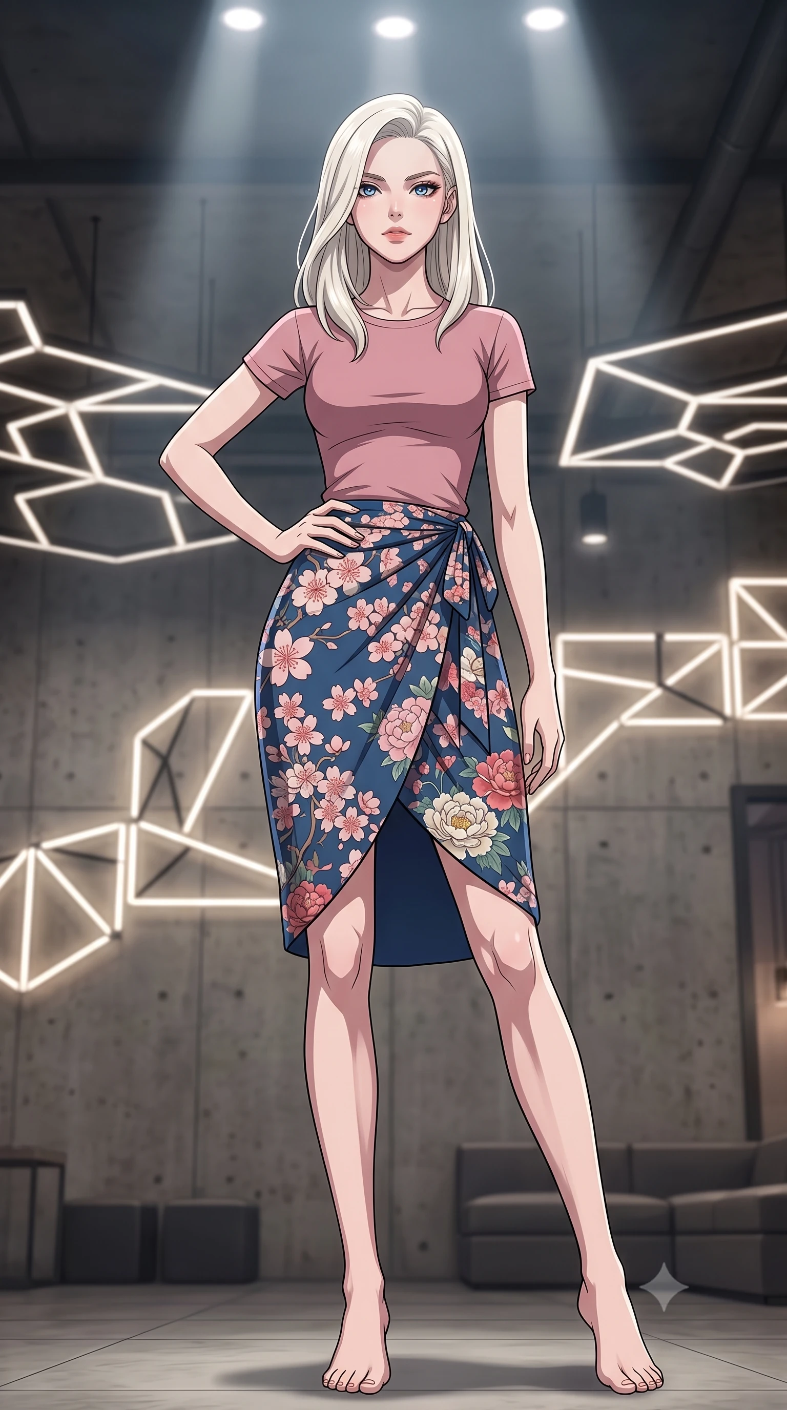 score_9, masterpiece, best quality, ultra-detailed, high-budget anime keyframe, tasteful artistic composition, Caucasian woman. low angle full-body shot from head to toe showing her feet, filling the entire 9:16 vertical frame with her statuesque presence, stretching her vertical silhouette. posing confidently with one hand on her hip, stretching her statuesque body to emphasize her curves the background shows a soft-focus an underground vault lounge with concrete walls and modern geometric light installations. She has an absolutely perfect, statuesque 8.5-heads proportion, an exceptionally tall and slender model-like female figure with impossibly long slender legs and an ultra-slim waist. sharp v-shaped jawline, high-bridge nose, intricate jewel-like eyes with depth, thick eyelashes, glossy lips with a natural sheen. wearing a slim-fit simple crewneck t-shirt in dusty pink paired with a floral print wrap skirt. focused white spotlights casting clean, structured shadows across her pose. highly saturated vibrant anime colors, cel-shading, 2d style, master piece, 9:16 ratio