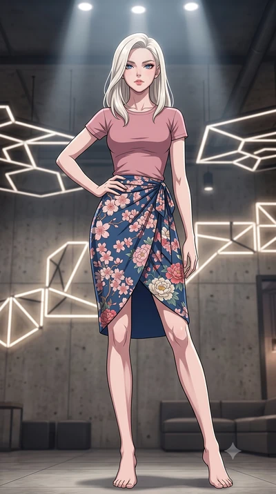 score_9, masterpiece, best quality, ultra-detailed, high-budget anime keyframe, tasteful artistic composition, Caucasian woman. low angle full-body shot from head to toe showing her feet, filling the entire 9:16 vertical frame with her statuesque pre