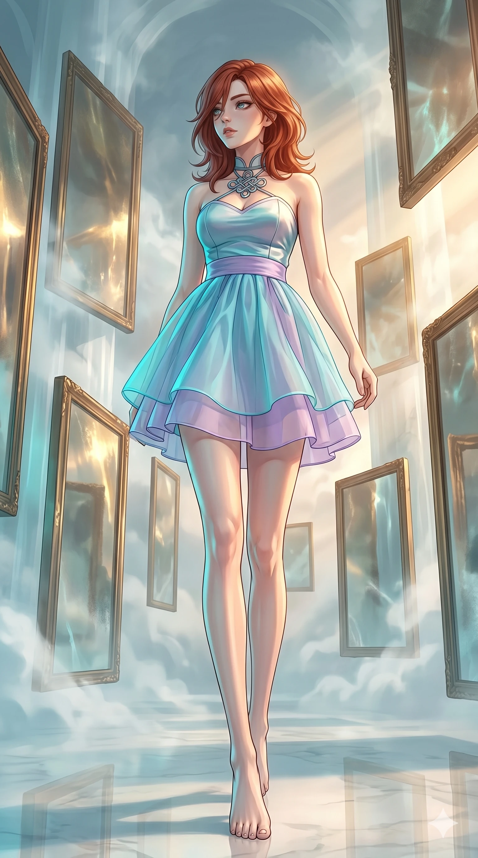 score_9, masterpiece, best quality, ultra-detailed, high-budget anime keyframe, Japanese woman. low angle full-body shot filling the entire 9:16 frame with her statuesque presence, stretching the vertical silhouette. wandering through a mirage cloud cathedral of translucent marble and water mist, surrounded by floating ancient bronze mirror walls. She has an absolutely perfect 8-heads proportion, an exceptionally tall and slender female figure with impossibly long slender legs and an ultra-slim waist. V-shaped jawline, high-bridge nose, intricate jewel-like eyes with depth, thick eyelashes, glossy lips with a natural sheen.. wearing a modern fusion silk hanbok dress, featuring a silk bustier top, layered sheer organza skirts, and a traditional knot choker. showcasing a beautiful play of light and shadow, with warm golden rays clashing against cool cyan highlights. 2k, ultra detail, master piece, 9:16 ratio