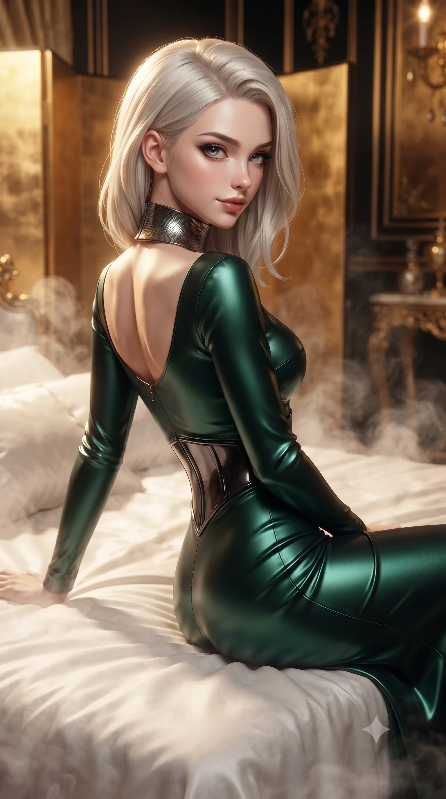 score_9, masterpiece, best quality, ultra-detailed, high-budget anime keyframe, editorial fashion photography, tasteful artistic composition, Caucasian woman. close-up cowboy shot from the waist and thighs up, the character dominates the composition, filling the frame with her large presence, background elements kept in soft focus. Glancing sidelong over her shoulder with a smoldering, enigmatic half-smile, lounging on a white linen daybed surrounded by floating aromatic steam, sculpted clavicle lines and bare shoulders catching golden rim rays. She has an exceptionally elegant, slender, and willowy female figure with an ultra-slim waist, a gracefully sculpted slender torso, and a refined silhouette. sharp v-shaped jawline, high-bridge nose, intricate jewel-like eyes with depth, thick eyelashes, glossy lips with a natural sheen. wearing long-sleeved dark emerald satin gown with high structured collar in metallic dark silver, made of matte carbon-fiber weave, adorned with minimalist black onyx hardware framing the silhouette, the fitted fabric emphasizing her ultra-slim waist. illuminated by warm golden spotlights reflecting off gold leaf walls. ultra-reflective glossy finish, specular highlights, metallic sheen, high-contrast stereoscopic depth, volumetric dynamic lighting, 2k, ultra detail, master piece, 9:16 ratio