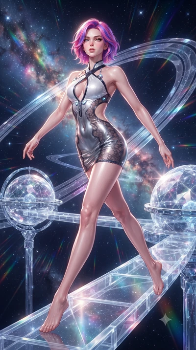 score_9, masterpiece, best quality, ultra-detailed, high-budget anime keyframe, editorial fashion photography, tasteful artistic composition, Caucasian woman. low angle full-body shot from head to toe showing her feet, filling the entire 9:16 vertica