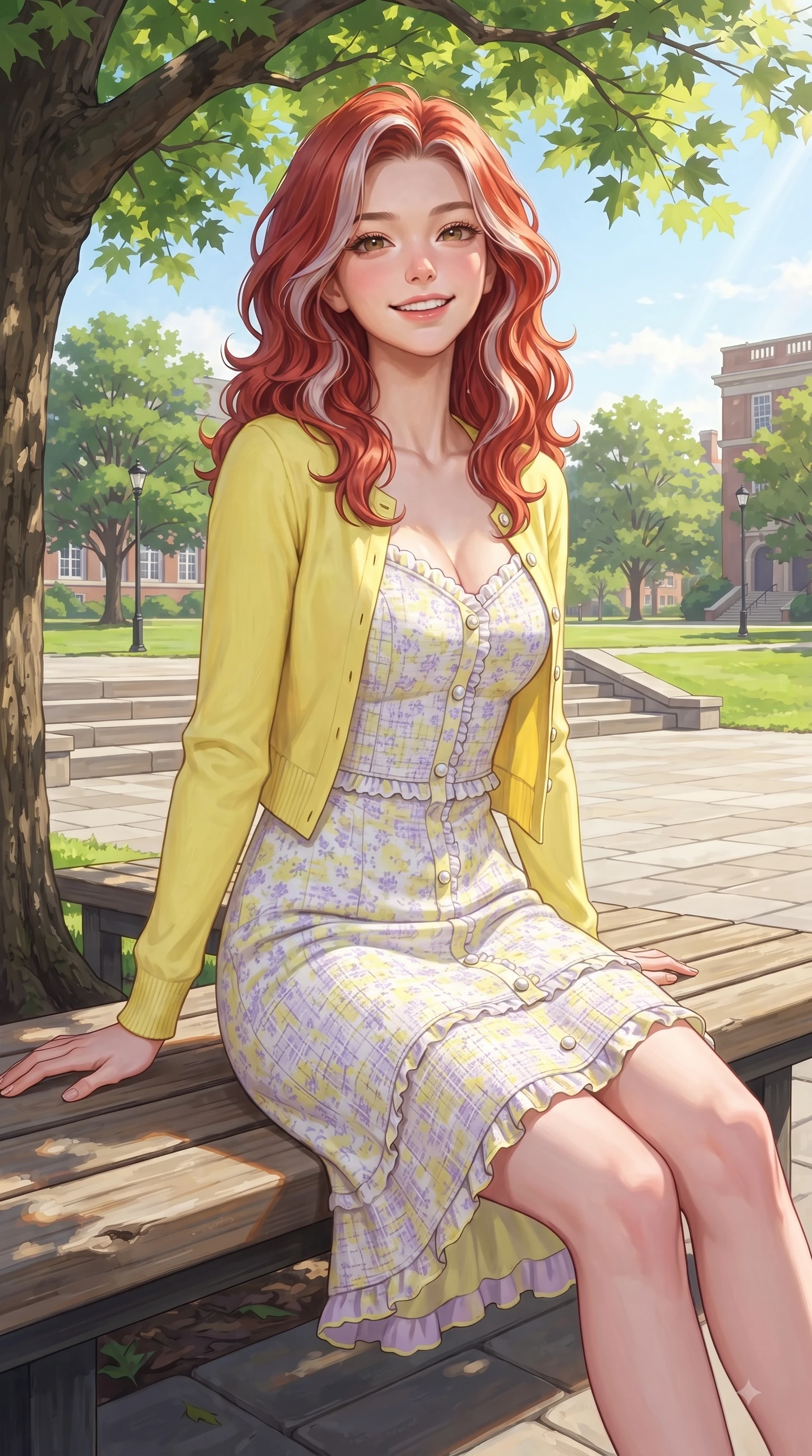 score_9, masterpiece, best quality, ultra-detailed, high-budget anime keyframe, editorial fashion photography, tasteful artistic composition, Caucasian woman. close-up cowboy shot from the waist and thighs up, the character dominates the composition, filling the frame with her large presence. Tilting her chin up with a sweet beaming smile of pure delight while balancing dynamically amidst the scene while sitting on a sunlit wooden bench under a shady maple tree on a bright morning campus. The surrounding environment is rendered in vivid detail and crisp panoramic clarity. bright spring sunbeams illuminating campus stone steps and oak trees with environmental clarity. She has an exceptionally elegant, slender, and willowy female figure with an ultra-slim waist, a gracefully sculpted slender torso, and a refined silhouette. sharp v-shaped jawline, high-bridge nose, intricate jewel-like eyes with depth, thick eyelashes, glossy lips with a natural sheen, flawlessly proportioned anatomical accuracy, natural body alignment, perfectly sculpted elegant limbs, clean dynamic posture without body distortion. wearing a fresh lemon-yellow cardigan over a white floral print slip dress in soft lemon yellow and lavender violet, tailored from soft pastel tweed with subtle metallic thread, finished with subtle ruffle trims and delicate pearl buttons, the soft airy drape swaying gracefully with her dynamic movements. surrounded by an uplifting, fresh, and youthful academic atmosphere. ultra-reflective glossy finish, specular highlights, metallic sheen, high-contrast stereoscopic depth, volumetric dynamic lighting, 2k, ultra detail, master piece, 9:16 ratio