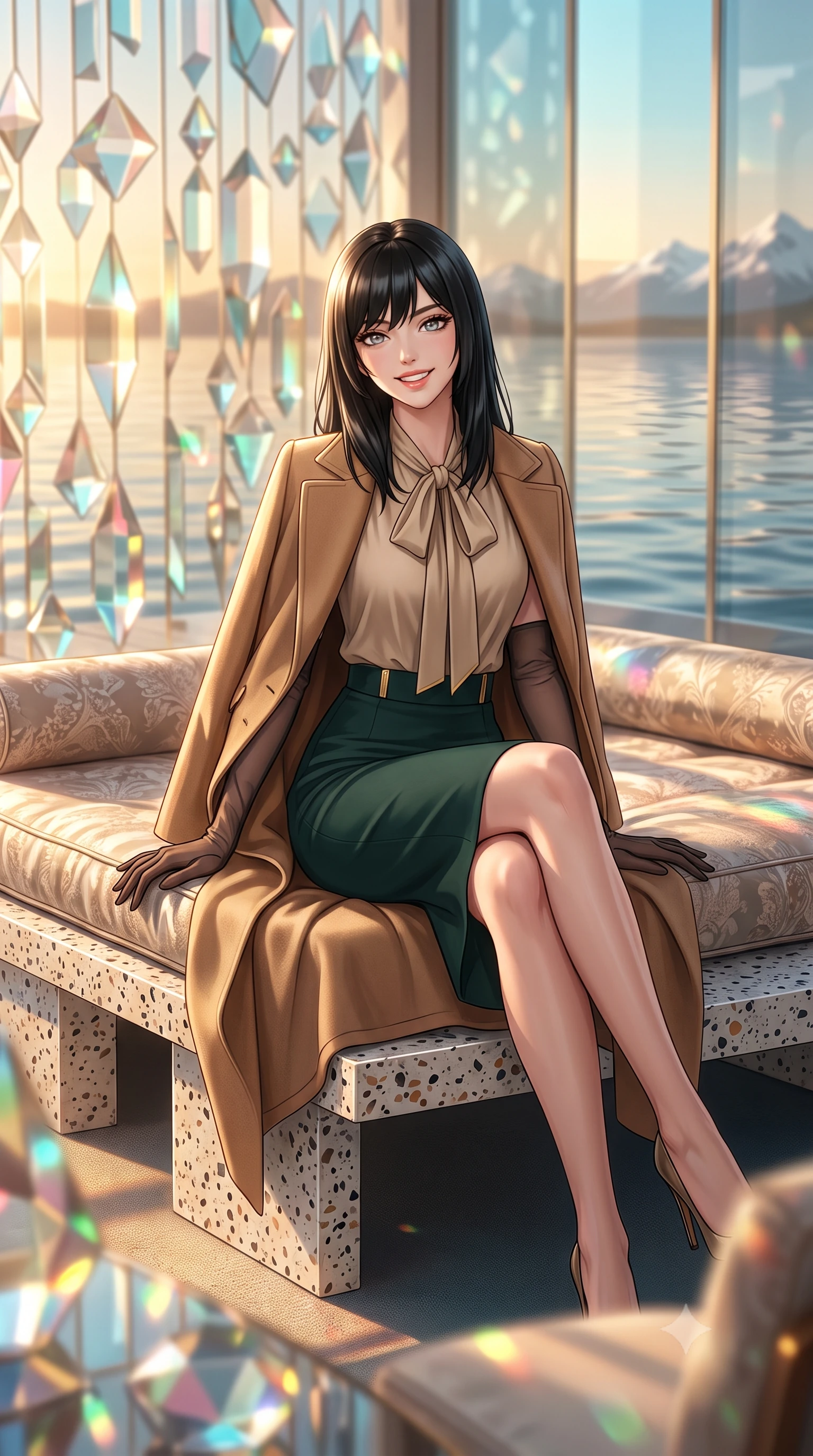 score_9, masterpiece, best quality, ultra-detailed, high-budget anime keyframe, editorial fashion photography, tasteful artistic composition, Caucasian woman. low angle full-body shot from head to toe showing her feet, filling the entire 9:16 vertical frame with her statuesque presence, stretching her vertical silhouette. lounging on the lavish daybed with legs crossed and hips angled toward the camera, displaying her toned midriff and long slender limbs with effortless siren poise while sitting perched gracefully on the polished terrazzo bench with legs crossed, flashing a radiant, playful smile with parted glossy lips. The background shows a soft-focus thousands of multi-faceted geometric glass prisms reflecting harbor water ripples, midnight sun golden horizon, and distant snow peaks blurred into champagne, cyan, and rose bokeh. She has an exceptionally tall and slender model-like 8.5-heads proportion, an ultra-slim waist, a flat toned midriff, narrow delicate ribcage, and beautifully sculpted feminine hips creating a graceful, slim hourglass silhouette without any bulky heaviness, with impossibly long slender legs. sharp v-shaped jawline, high-bridge nose, intricate jewel-like sparkling eyes with depth, thick eyelashes, glossy parted lips with a natural peach sheen, bright cheerful beaming smile with an enchanting and coquettish sensual glint, exuding both youthful cute charm and seductive allure, flawlessly proportioned anatomical accuracy, strict slender model proportions, natural body alignment, perfectly sculpted long slender limbs, ultra-slim waistline, clean dynamic posture without body distortion. wearing a tailored double-faced camel cashmere wrap coat draped over a silk georgette bow-tie blouse and pencil skirt in Bavarian alpine spruce green and Neuschwanstein gilded gold, crafted from bespoke double-faced cashmere with an exceptionally soft tactile finish, complemented by sheer opera-length evening gloves tracing her slender arms, the bespoke structured tailoring following the natural line of her 8.5-heads silhouette with refined elegance. bathed in the low-angle golden 3000K midnight sun light filtering through prismatic colored glass panels. ultra-reflective glossy finish, specular highlights, rich textural contrasts, high-contrast stereoscopic depth, volumetric dynamic lighting, 2k, ultra detail, master piece, 9:16 ratio