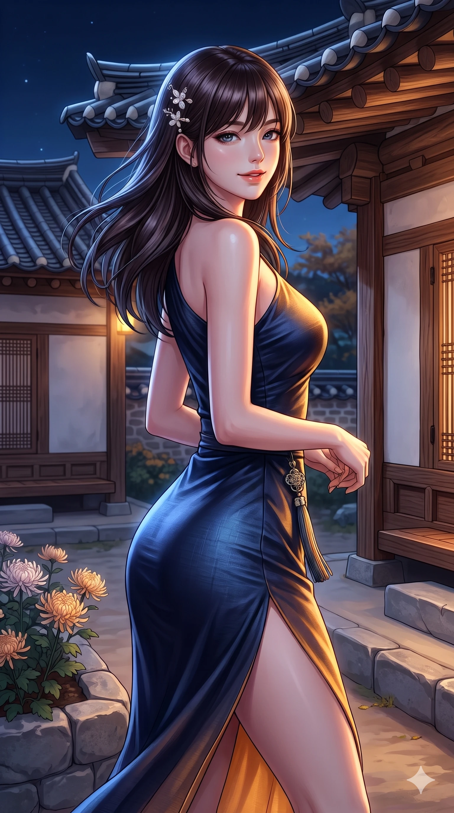 score_9, masterpiece, best quality, ultra-detailed, high-budget anime keyframe, semi-realistic 3D game render, editorial fashion photography, tasteful artistic composition, Korean woman. close-up cowboy shot from the waist and thighs up, the character dominates the composition, filling the frame with her large presence. turning slowly with an enchanting smoldering smile, her glossy hair tossing in the breeze as her hips angle gracefully in a captivating contrapposto while standing tall beside the stone flower bed in the hanok courtyard, arching her lower back to emphasize her curvy hips against the clay-tiled eaves. The surrounding environment is rendered in vivid detail and crisp panoramic clarity: sharp clay roof tile ridges, carved wooden maru grain, and delicate chrysanthemum petal edges in deep focus. She has an exceptionally elegant, slender, and willowy female figure with an ultra-slim waist, flat toned midriff, narrow ribcage, and sculpted feminine hips creating an alluring, slim hourglass silhouette without bulk. sharp v-shaped jawline, high-bridge nose, sparkling eyes with hypnotic seductive depth, thick curled eyelashes, glossy parted lips with a natural dewy peach sheen, alluring bedroom-eyes with an enchanting coquettish smile, exuding magnetic siren charisma and sophisticated glamour, flawlessly proportioned anatomical accuracy, strict slender model proportions, natural body alignment, perfectly sculpted long slender limbs, ultra-slim waistline, clean dynamic posture without body distortion. wearing an asymmetric one-shoulder liquid mercury silk dress with a dramatic hip-high wrap slit and norigae waist charm in midnight indigo and glowing lantern topaz, woven from bespoke Korean ramie fabric with crisp tactile slub texture, finished with delicate mother-of-pearl hairpin ornaments glinting in her dark glossy hair, the liquid-tight tailored fabric clinging flawlessly to her narrow waist and rounded feminine hips, emphasizing every millimeter of her sculpted slim hourglass curves without any bulky heaviness. bathed in crisp autumn moonlight washing across curved clay roof tiles and stone courtyards. highly saturated vibrant anime colors, detailed shading with soft gradients, rich glossy textures, high-contrast stereoscopic depth, volumetric dynamic lighting, master piece, 9:16 ratio