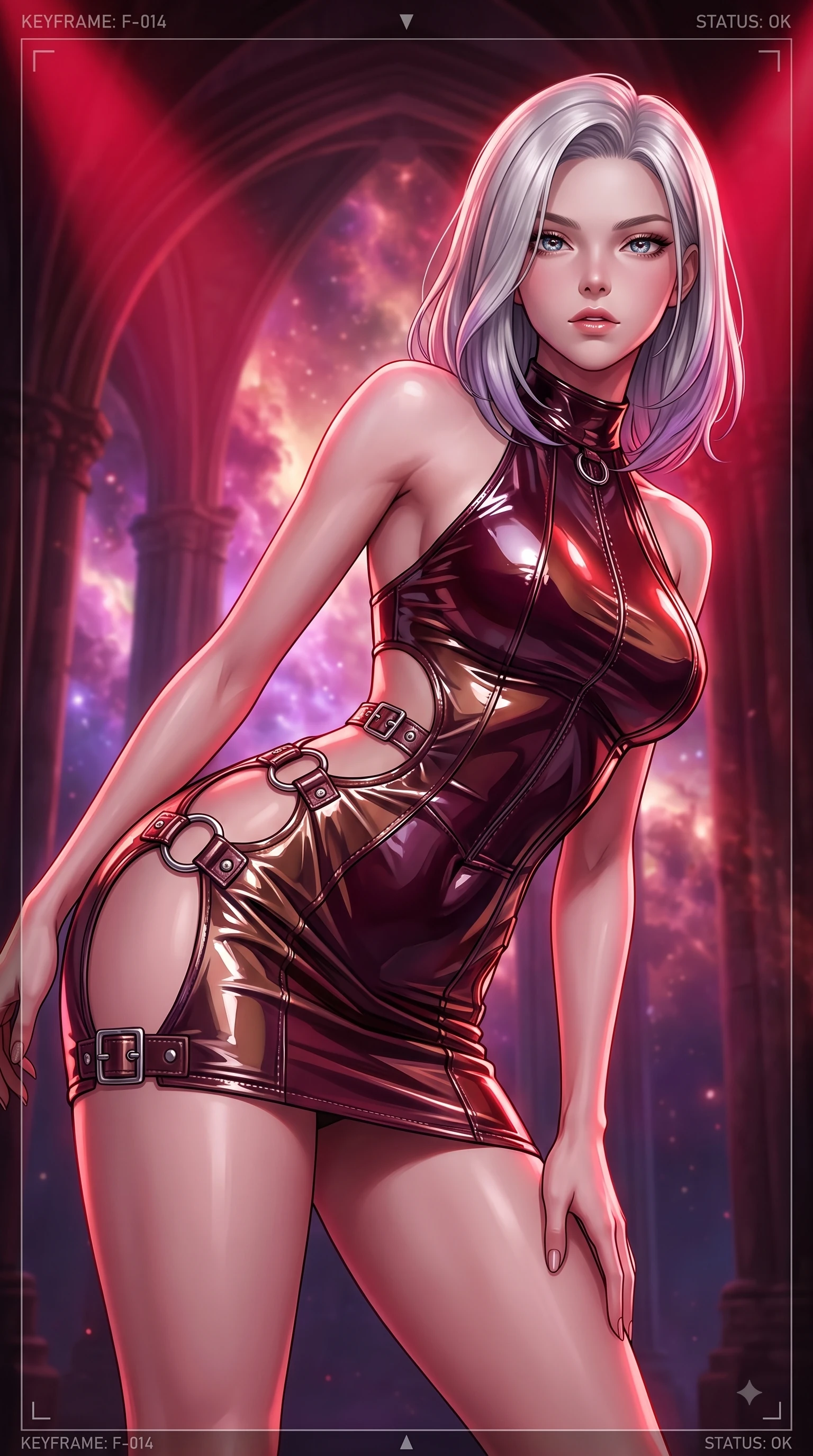 score_9, masterpiece, best quality, ultra-detailed, high-budget anime keyframe, editorial fashion photography, tasteful artistic composition, Caucasian woman. close-up cowboy shot from the waist and thighs up, the character dominates the composition, filling the frame with her large presence, background elements kept in soft focus. Leaning forward gracefully with lips parted, casting a smoldering magnetic gaze directly into the lens while poised in a dramatic low-angle stance as deep crimson theatrical spotlights isolate her figure, vivid purple and rose-gold nebula clouds glowing through monumental cathedral arches. She has an exceptionally elegant, slender, and willowy female figure with an ultra-slim waist, a gracefully sculpted slender torso, and a refined silhouette. sharp v-shaped jawline, high-bridge nose, intricate jewel-like eyes with depth, thick eyelashes, glossy lips with a natural sheen, flawlessly proportioned anatomical accuracy, natural body alignment, perfectly sculpted elegant limbs, clean dynamic posture without body distortion. wearing a deep-scoop halter bodycon dress with hip cutouts connected by silver rings in deep burgundy and bronze, tailored from high-gloss patent leather, detailed with polished silver buckles along the waistline, the tailored fabric tightly following every curve of her athletic build. bathed in deep crimson theatrical lighting with sharp specular highlights on every curve. highly saturated vibrant anime colors, detailed shading with soft gradients, rich glossy textures, high-contrast stereoscopic depth, volumetric dynamic lighting, master piece, 9:16 ratio