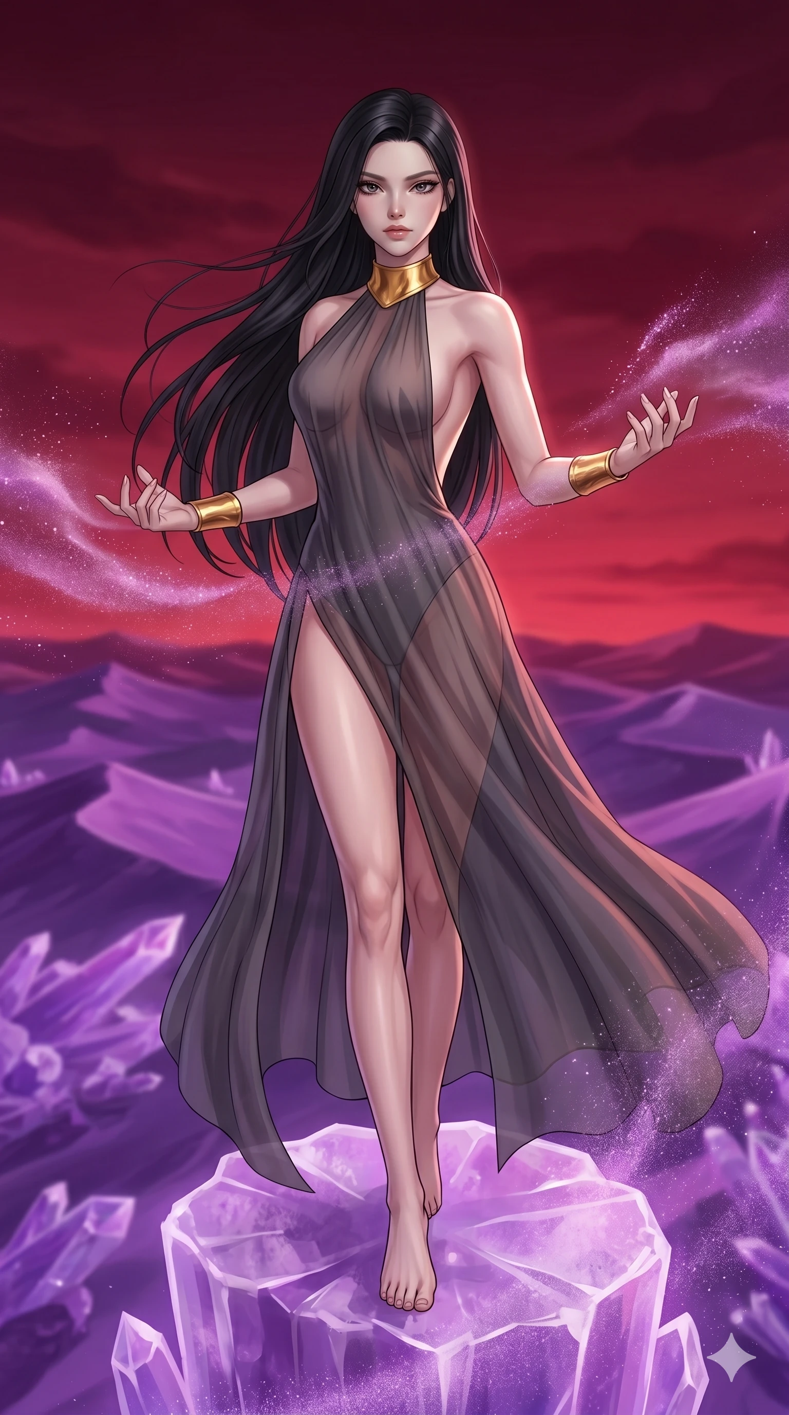 score_9, masterpiece, best quality, ultra-detailed, high-budget anime keyframe, Korean woman. upper body close-up from the thighs up, character filling the screen for maximum presence. standing atop a transparent salt crystal tower in a purple crystalline desert as winds blow shimmering purple dust under a crimson sunset. She has an absolutely perfect 8-heads proportion, an exceptionally tall and slender female figure with impossibly long slender legs and an ultra-slim waist. V-shaped jawline, high-bridge nose, intricate jewel-like eyes with depth, thick eyelashes, glossy lips with a natural sheen.. wearing a molten gold and chiffon gown, featuring organic liquid gold collar and cuffs on a translucent charcoal-gray halter neck chiffon gown with a deep backless design. lit by a soft glowing ambient light and a sharp side key light that traces the sleek contours of her athletic build. 2k, ultra detail, master piece, 9:16 ratio