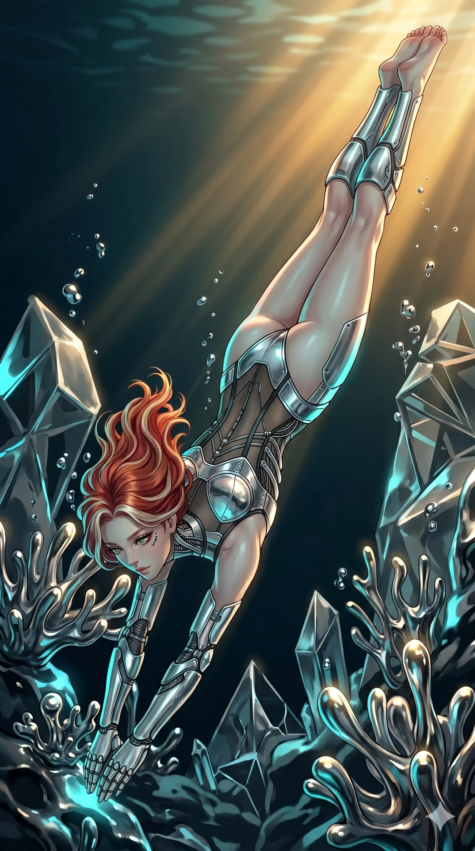 score_9, masterpiece, best quality, ultra-detailed, high-budget anime keyframe, Japanese woman. low angle full-body shot filling the entire 9:16 frame with her statuesque presence, stretching the vertical silhouette. diving through a bionic fluid mercury reef where self-replicating liquid chrome corals pulse under dark ocean water. She has an absolutely perfect 8-heads proportion, an exceptionally tall and slender female figure with impossibly long slender legs and an ultra-slim waist. V-shaped jawline, high-bridge nose, intricate jewel-like eyes with depth, thick eyelashes, glossy lips with a natural sheen.. wearing a bionic chrome plate bodysuit, featuring silver chrome plates covering the bust and hips, connected by sheer black mesh panels. showcasing a beautiful play of light and shadow, with warm golden rays clashing against cool cyan highlights. 2k, ultra detail, master piece, 9:16 ratio