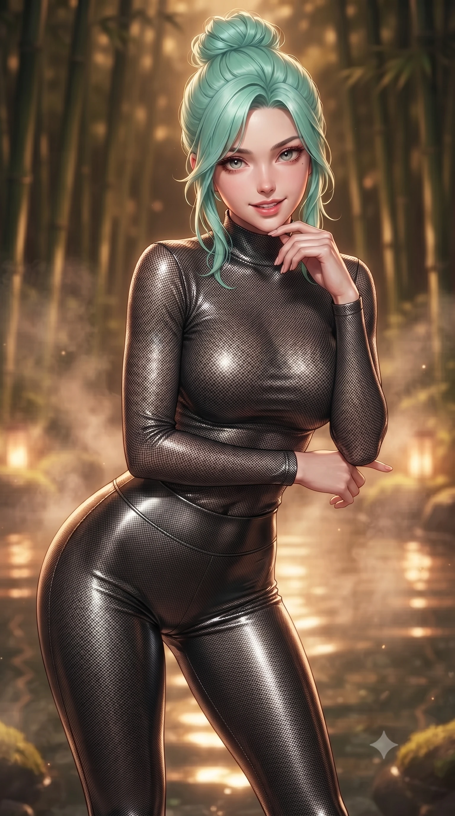 score_9, masterpiece, best quality, ultra-detailed, high-budget anime keyframe, editorial fashion photography, tasteful artistic composition, Japanese woman. close-up cowboy shot from the waist and thighs up, the character dominates the composition, filling the frame with her large presence, background elements kept in soft focus. leaning slightly forward with a playful, teasing smile, her gaze locked onto the viewer with lips parted in a composed pose, the background shows a soft-focus a void hot spring pool inside a bamboo grove with warm steam water. She has an exceptionally elegant, slender, and willowy female figure with an ultra-slim waist, a gracefully sculpted slender torso, and a refined silhouette. sharp v-shaped jawline, high-bridge nose, intricate jewel-like eyes with depth, thick eyelashes, glossy lips with a natural sheen. wearing a slim-fit body-hugging carbon-mesh mock-neck top paired with tight-fitting carbon-fiber leggings. soft flickering light from glowing moss reflecting on the pool water. ultra-reflective glossy finish, specular highlights, metallic sheen, high-contrast stereoscopic depth, volumetric dynamic lighting, 2k, ultra detail, master piece, 9:16 ratio