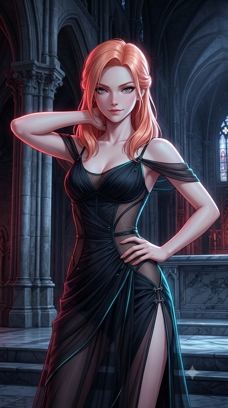 score_9, masterpiece, best quality, ultra-detailed, high-budget anime keyframe, semi-realistic 3D game render, editorial fashion photography, tasteful artistic composition, Japanese woman. close-up cowboy shot from the waist and thighs up, the character dominates the composition, filling the frame with her large presence. resting both hands lightly behind her neck with elbows raised, arching her spine to highlight her narrow waist and flat midriff while holding a confident power pose with one hand on her hip beside the soaring stone nave pillars, looking into the lens with dangerous intensity. The surrounding environment is rendered in vivid detail and crisp panoramic clarity: detailed precision-fitted liquid vinyl dress cling, onyx hardware accents, and gothic architectural lines in razor-sharp precision. She has an exceptionally elegant, slender, and willowy female figure with an ultra-slim waist, flat toned midriff, narrow ribcage, and sculpted feminine hips creating an alluring, slim hourglass silhouette without bulk. sharp v-shaped jawline, high-bridge nose, intricate jewel-like dark sparkling eyes with hypnotic seductive depth, thick curled eyelashes, glossy parted lips with a natural wine sheen, alluring bedroom-eyes with an enigmatic smoldering smile, exuding magnetic sovereign charisma and dark avant-garde glamour, flawlessly proportioned anatomical accuracy, strict slender model proportions, natural body alignment, perfectly sculpted long slender limbs, ultra-slim waistline, clean dynamic posture without body distortion. wearing a tiered semi-sheer black tulle and silk slip dress with an ultra-slim corseted waist and bare shoulders in neon cyan edge-glow and dark carbon black, featuring strategic sheer-illusion micro-mesh cutouts along her ribcage and hip flanks, finished with an ultra-high side slit secured by miniature jeweled clasps, contouring every curve with an exceptionally elegant silhouette and captivating allure. illuminated by moonlit altar marble bounce and sharp blood-ruby rim lights sculpting her razor-sharp jawline, narrow waist, and curvy hips. highly saturated vibrant anime colors, detailed shading with soft gradients, rich glossy textures, high-contrast stereoscopic depth, volumetric dynamic lighting, master piece, 9:16 ratio