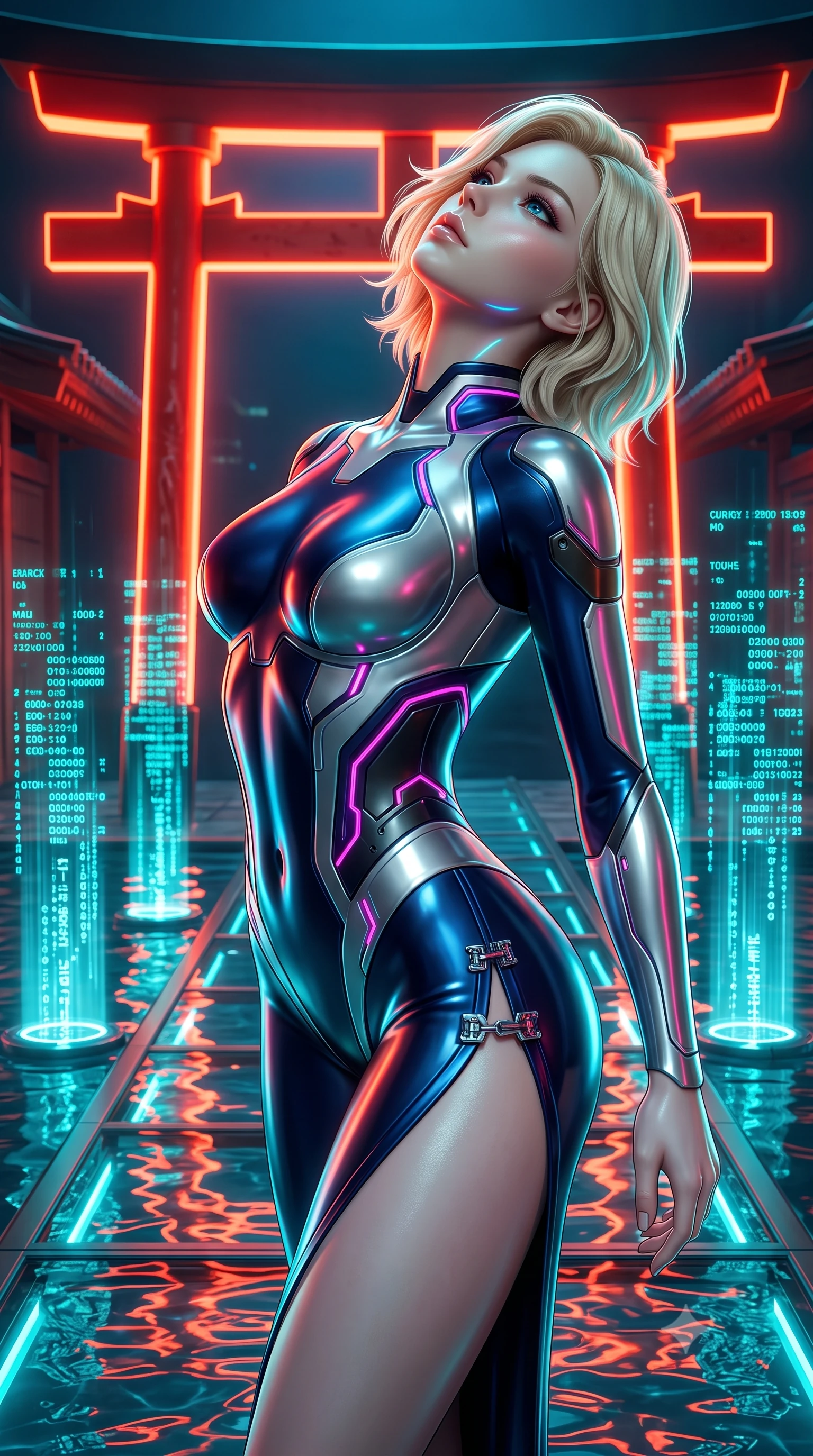 score_9, masterpiece, best quality, ultra-detailed, high-budget anime keyframe, semi-realistic 3D game render, editorial fashion photography, tasteful artistic composition, Caucasian woman. close-up cowboy shot from the waist and thighs up, the character dominates the composition, filling the frame with her large presence. tilting her head back with serene regal elegance, her sharp jawline and sculpted collarbones highlighted by glowing neon halo reflections while arching her back in a fluid motion on a submerged glass walkway catching dramatic scarlet and cyan reflections. The surrounding environment is rendered in vivid detail and crisp panoramic clarity. vibrant contrast between traditional Japanese aesthetics and high-tech cybernetic design in panoramic precision. She has an exceptionally elegant, slender, and willowy female figure with an ultra-slim waist, a gracefully sculpted slender torso, toned flat midriff, and a refined slim silhouette. sharp v-shaped jawline, high-bridge nose, intricate jewel-like eyes with depth, thick eyelashes, glossy lips with a natural sheen, flawlessly proportioned anatomical accuracy, strict slender model proportions, natural body alignment, perfectly sculpted long slender limbs, ultra-slim waistline, clean dynamic posture without body distortion. wearing a statuesque midnight cobalt and polished platinum bodysuit featuring sleek aerodynamic contour lines and glowing circuit accents in vibrant electric magenta and ultra-reflective dark titanium, crafted from ultra-reflective second-skin liquid metal with a mirror-like polish, finished with an ultra-high side slit secured by miniature magnetic clasps, the glove-like aerodynamic second-skin fit tightly clinging to her ultra-slender waist and athletic curves without adding bulk, accentuating her razor-sharp statuesque lines and slim hourglass silhouette. bathed in glowing scarlet torii gate backlighting and aquatic cyan matrix uplights. rich saturated anime colors with glowing neon highlights, detailed shading with soft gradients, rich glossy textures, high-contrast stereoscopic depth, volumetric dynamic lighting, master piece, 9:16 ratio