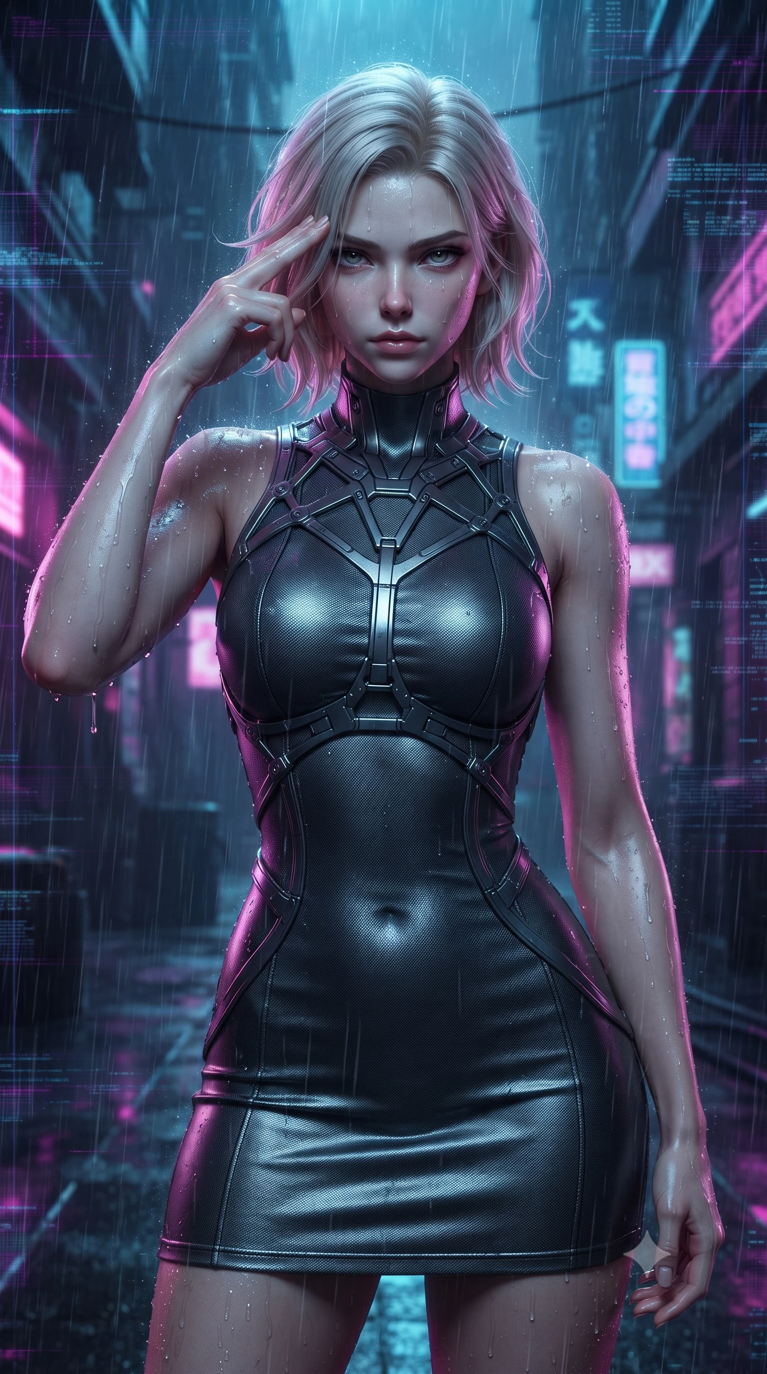 score_9, masterpiece, best quality, ultra-detailed, high-budget anime keyframe, editorial fashion photography, tasteful artistic composition, Caucasian woman. close-up cowboy shot from the waist and thighs up, the character dominates the composition, filling the frame with her large presence, background elements kept in soft focus. Pressing two fingers to her temple in a composed, sharp thoughtful gesture, standing in a pitch-black high-tech cyber alleyway drenched in torrential rain, holographic glitch noise casting dark violet grid lines across the background. She has an exceptionally elegant, slender, and willowy female figure with an ultra-slim waist, a gracefully sculpted slender torso, and a refined silhouette. sharp v-shaped jawline, high-bridge nose, intricate jewel-like eyes with depth, thick eyelashes, glossy lips with a natural sheen. wearing aerodynamic second-skin dark silver metallic bodycon dress in dark charcoal gray, made of matte carbon-fiber weave, highlighted by a gunmetal metallic harness structure, the fitted fabric emphasizing her ultra-slim waist. bathed in high-contrast wet neon reflections and deep pitch-black shadows. ultra-reflective glossy finish, specular highlights, metallic sheen, high-contrast stereoscopic depth, volumetric dynamic lighting, 2k, ultra detail, master piece, 9:16 ratio