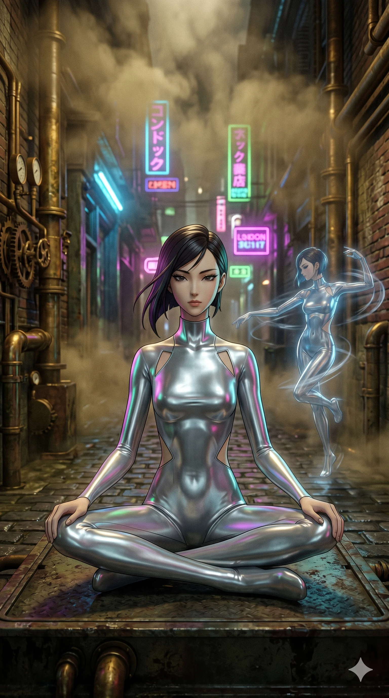 score_9, masterpiece, best quality, ultra-detailed, Set A: High-budget Anime Keyframe, Japanese woman. Low angle cowboy shot filling the entire 9:16 frame with her statuesque presence. Theme: Urban Decay. meditating in a steampunk London alleyway, as her reflection in the air starts to dance independently 65. The atmosphere is filled with heavy smog with neon flares. She has an absolutely perfect 8-heads proportion, an exceptionally tall and slender female figure with impossibly long slender legs and an ultra-slim waist. Sharp v-shaped jawline, high-bridge nose, intricate jewel-like eyes with depth, glossy lips. Wearing Sleek silver liquid-mercury jumpsuit with a high neck and strategic cut-outs. Cinematic lighting, vivid colors, dramatic shadows, 2k, ultra detail, master piece, 9:16 ratio