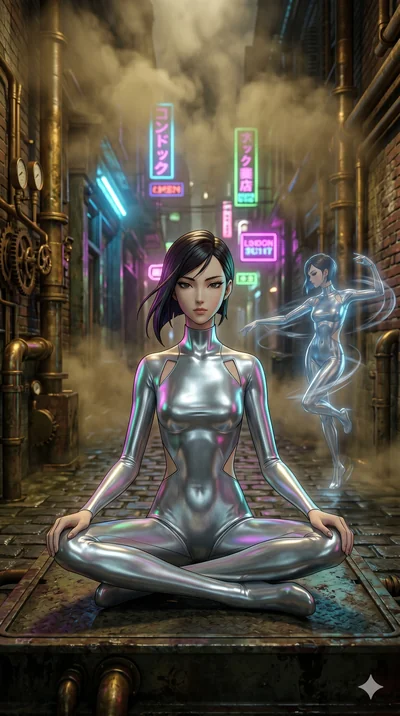 score_9, masterpiece, best quality, ultra-detailed, Set A: High-budget Anime Keyframe, Japanese woman. Low angle cowboy shot filling the entire 9:16 frame with her statuesque presence. Theme: Urban Decay. meditating in a steampunk London alleyway, as