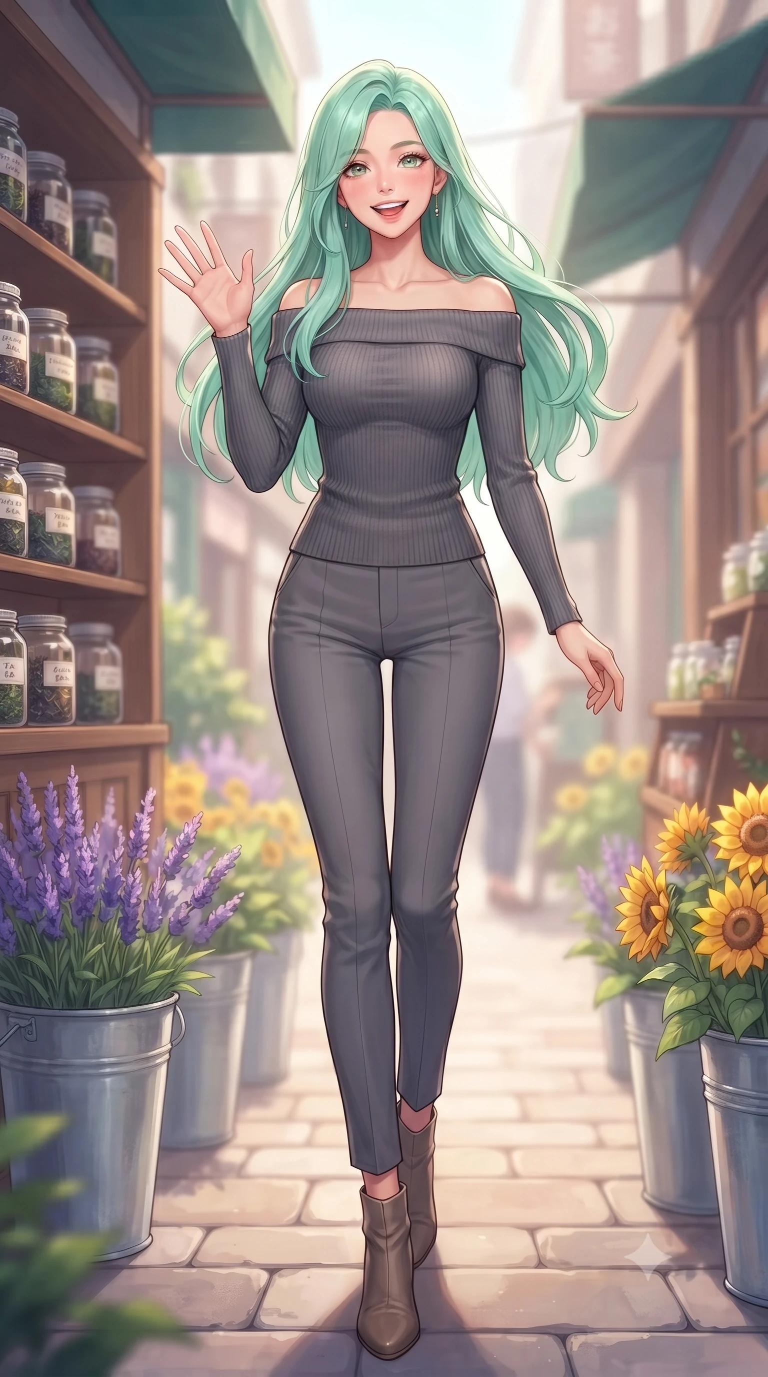 score_9, masterpiece, best quality, ultra-detailed, high-budget anime keyframe, editorial fashion photography, tasteful artistic composition, Japanese woman. low angle full-body shot from head to toe showing her feet, filling the entire 9:16 vertical frame with her statuesque presence, stretching her vertical silhouette. stepping forward with a bright, cheerful smile, waving happily at the viewer set against a soft-focus background of outside a cozy tea shop with jars of tea leaves displayed on wooden shelves with buckets of fresh lavender and yellow sunflowers lining the alley. She has an absolutely perfect, statuesque 8.5-heads proportion, an exceptionally tall and slender model-like female figure with impossibly long slender legs and an ultra-slim waist. sharp v-shaped jawline, high-bridge nose, intricate jewel-like eyes with depth, thick eyelashes, glossy lips with a natural sheen. wearing slim-fit body-hugging off-shoulder knit top in charcoal, paired with tailored slim pants. soft diffused daylight creating a warm, cozy and nostalgic atmosphere. highly saturated vibrant anime colors, detailed shading with soft gradients, rich glossy textures, high-contrast stereoscopic depth, volumetric dynamic lighting, master piece, 9:16 ratio