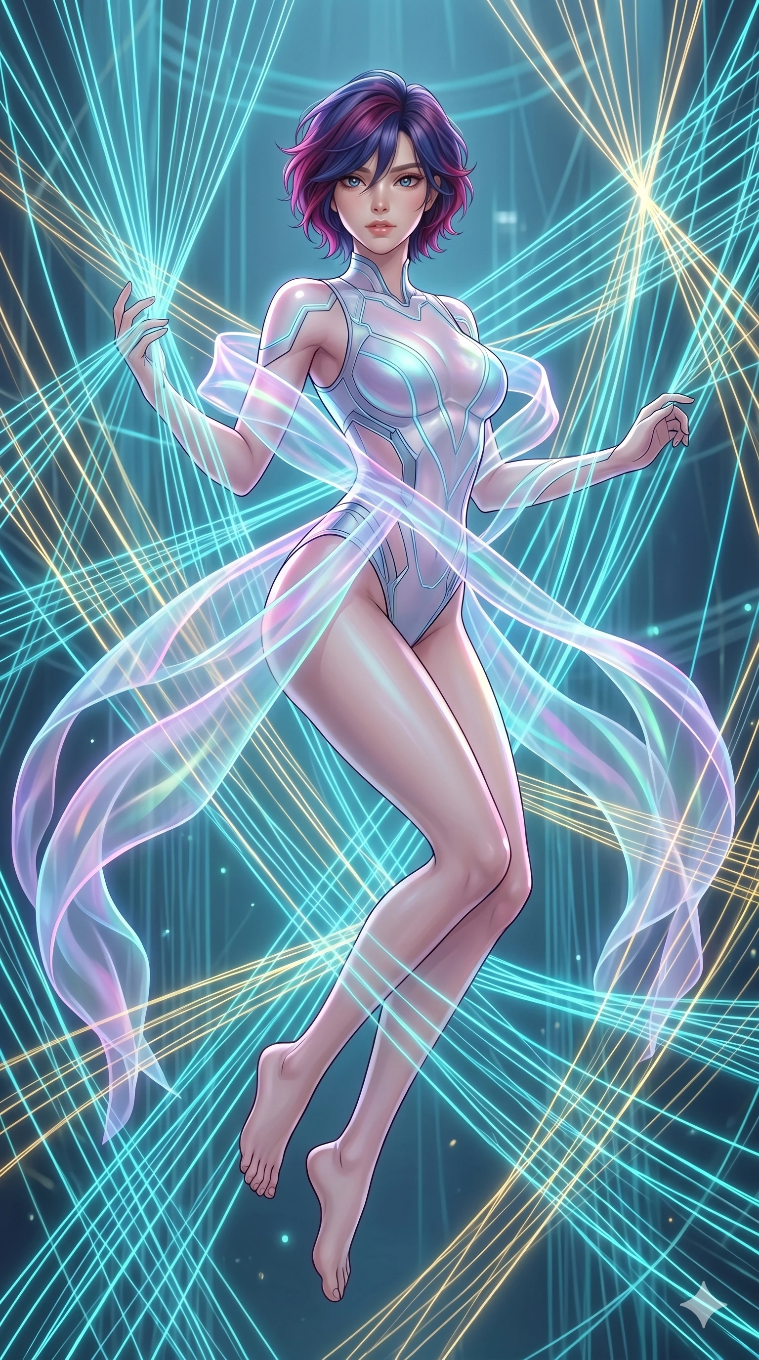 score_9, masterpiece, best quality, ultra-detailed, high-budget anime keyframe, Caucasian woman, strictly human ears. upper body close-up from the thighs up, character filling the screen for maximum presence. floating suspended in an ethereal loom room where millions of luminescent cyan and gold threads intersect and weave geometric patterns. She has an absolutely perfect 8-heads proportion, an exceptionally tall and slender female figure with impossibly long slender legs and an ultra-slim waist. V-shaped jawline, high-bridge nose, intricate jewel-like eyes with depth, thick eyelashes, glossy lips with a natural sheen.. wearing a cybernetic bodysuit with a holographic ribbon, featuring a skin-tight contouring bodysuit wrapped in a translucent flowing holographic organza ribbon. enhanced by a luminous pastel spectrum glow, casting elegant rim lights on her shoulders and jawline. 2k, ultra detail, master piece, 9:16 ratio