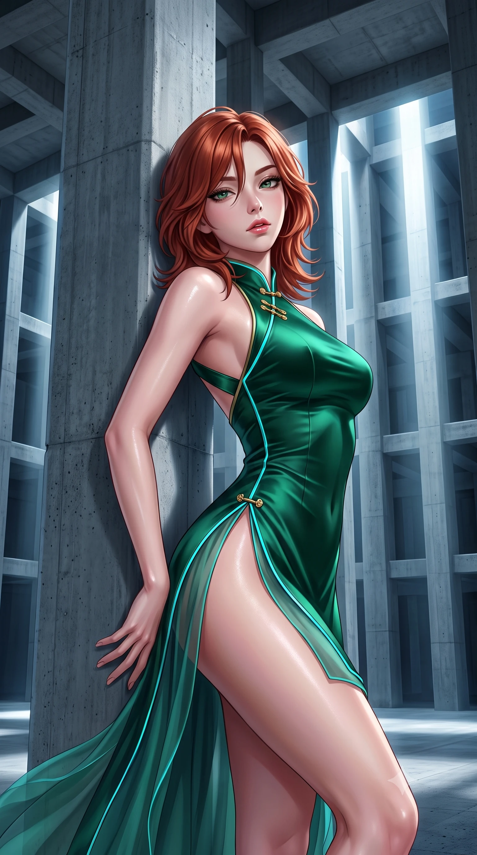 score_9, masterpiece, best quality, ultra-detailed, high-budget anime keyframe, semi-realistic 3D game render, editorial fashion photography, tasteful artistic composition, Korean woman. close-up cowboy shot from the waist and thighs up, the character dominates the composition, filling the frame with her large presence. arching her spine backward with effortless dancer poise, one hand sliding along her hip line as directional light carves specular highlights along her silhouette while leaning against a colossal concrete column with hips cocked back, casting a cool, mysterious bedroom-gaze into the echoing cavernous space. The surrounding environment is rendered in vivid detail and crisp panoramic clarity. detailed liquid-tight garment sheen, specular skin highlights, and massive concrete column grid clarity in high resolution. She has an exceptionally elegant, slender, and willowy female figure with an ultra-slim waist, flat toned midriff, narrow ribcage, and sculpted feminine hips creating an alluring, slim hourglass silhouette without bulk. sharp v-shaped jawline, high-bridge nose, intricate jewel-like eyes with depth, thick eyelashes, glossy parted lips with a natural sheen, intensely captivating and seductive bedroom-eyes expression, flawlessly proportioned anatomical accuracy, strict slender model proportions, natural body alignment, perfectly sculpted long slender limbs, ultra-slim waistline, clean dynamic posture without body distortion. wearing a modernized cyber-qipao mini dress with an ultra-high side slit ascending to the hip and glowing piping in deep emerald green satin and gold hardware, woven from layered gossamer chiffon with a weightless sweeping drape, finished with criss-cross back satin straps highlighting her graceful shoulder blades, the second-skin form-contouring cut accentuating her sculpted flat midriff, narrow delicate ribcage, and gracefully curvy hips with supermodel precision. bathed in dramatic architectural floodlights beaming down between giant pillars creating high-contrast chiaroscuro. highly saturated vibrant anime colors, detailed shading with soft gradients, rich glossy textures, high-contrast stereoscopic depth, volumetric dynamic lighting, master piece, 9:16 ratio