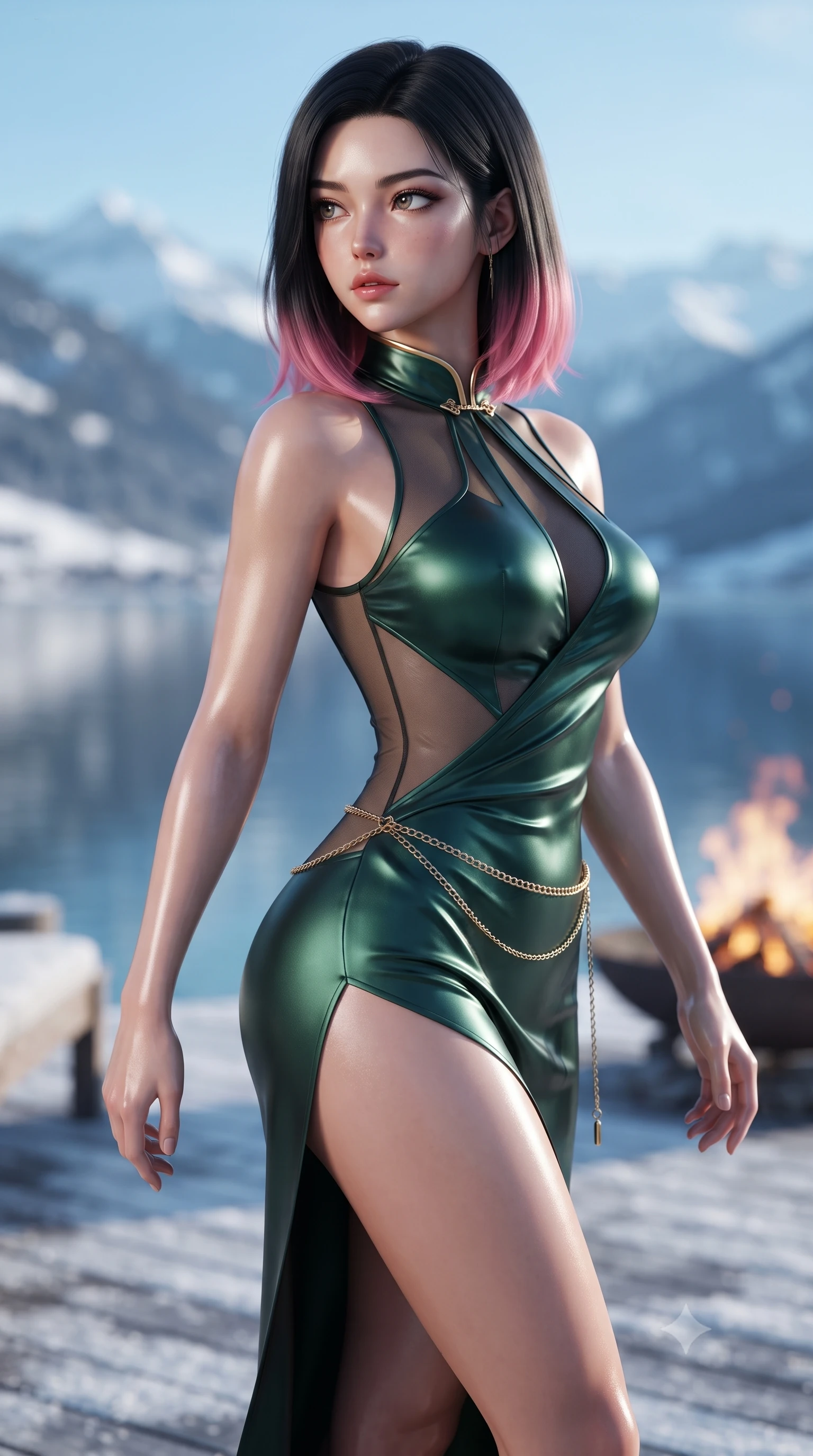 score_9, masterpiece, best quality, ultra-detailed, high-budget anime keyframe, editorial fashion photography, tasteful artistic composition, Korean woman. close-up cowboy shot from the waist and thighs up, the character dominates the composition, filling the frame with her large presence. twisting her slender torso in a deep contrapposto stance, hips dramatically shifted to accentuate her feminine curves while looking past her shoulder with smoldering bedroom-eyes while stepping out onto the frosted timber deck in an elegant turn, her form-contouring knit dress sculpting her slim hourglass silhouette. The composition keeps background elements in soft focus with creamy bokeh. panoramic snow-capped Swiss Alps and calm lake waters blurred into soft cerulean, slate-blue, and crystal-white bokeh. She has an exceptionally elegant, slender, and willowy female figure with an ultra-slim waist, flat toned midriff, narrow ribcage, and sculpted feminine hips creating an alluring, slim hourglass silhouette without bulk. sharp v-shaped jawline, high-bridge nose, intricate jewel-like eyes with depth, thick eyelashes, glossy parted lips with a natural sheen, intensely captivating and seductive bedroom-eyes expression, flawlessly proportioned anatomical accuracy, strict slender model proportions, natural body alignment, perfectly sculpted long slender limbs, ultra-slim waistline, clean dynamic posture without body distortion. wearing a wet-look silk fusion wrap dress with asymmetrical sheer mesh cutouts and high Mandarin collar in deep emerald green satin and gold hardware, formed from supple second-skin lambskin leather with specular sheen, accented with a delicate gold chain belt resting loosely on her curvy hips, the liquid-tight tailored fabric clinging flawlessly to her narrow waist and rounded feminine hips, emphasizing every millimeter of her sculpted slim hourglass curves without any bulky heaviness. bathed in crisp alpine blue daylight ambient fill and warm roaring suspended fire pit uplights. ultra-reflective glossy finish, specular highlights, rich textural contrasts, high-contrast stereoscopic depth, volumetric dynamic lighting, 2k, ultra detail, master piece, 9:16 ratio
