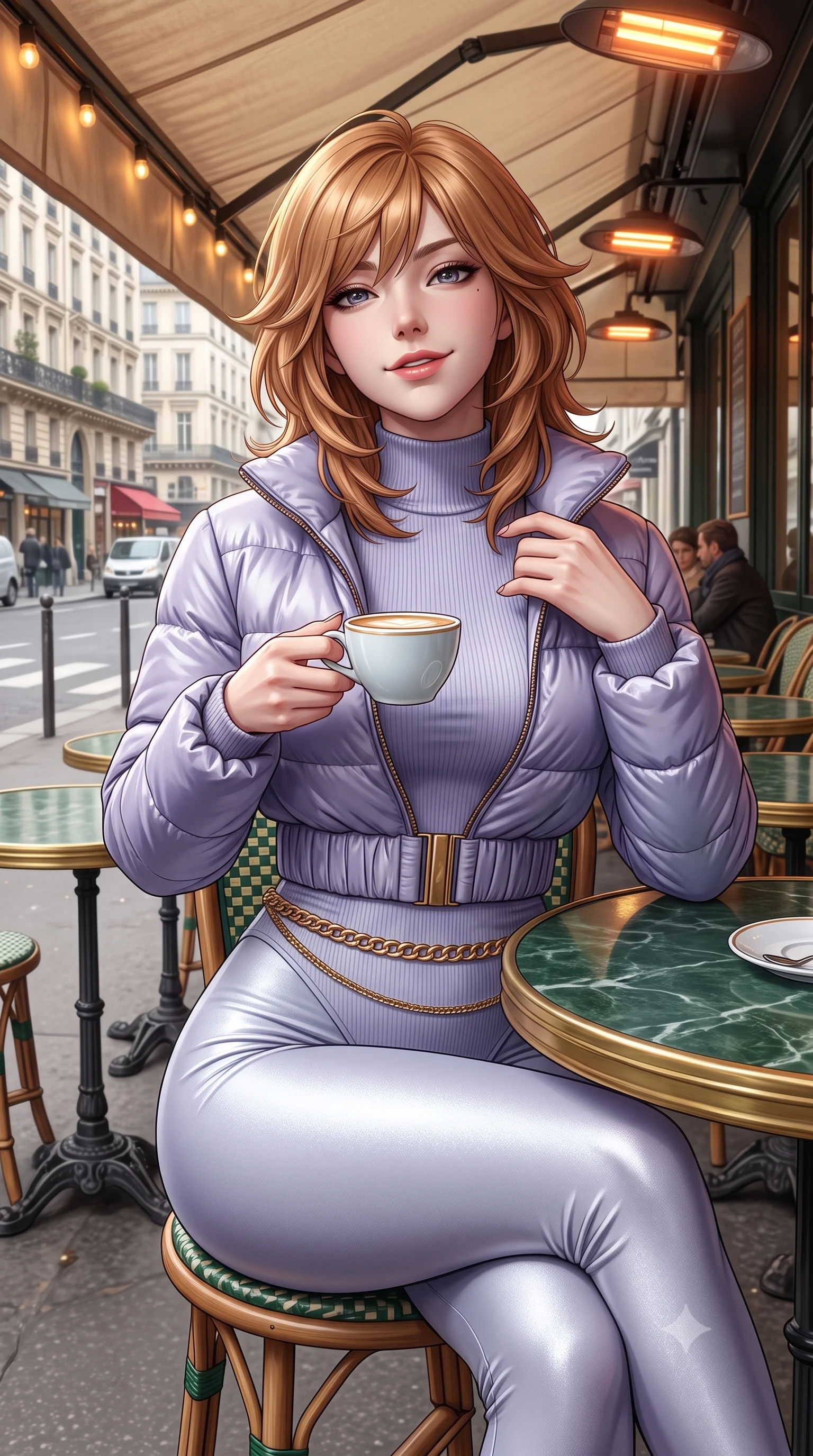 score_9, masterpiece, best quality, ultra-detailed, high-budget anime keyframe, semi-realistic 3D game render, editorial fashion photography, tasteful artistic composition, Korean woman. close-up cowboy shot from the waist and thighs up, the character dominates the composition, filling the frame with her large presence. tilting her chin up with a teasing half-smile, running one manicured hand lightly along her lapel with effortless magnetic allure while sitting poised at a round green marble bistrot table beneath the heated cafe awning, cradling a porcelain cup with a radiant French smile. The surrounding environment is rendered in vivid detail and crisp panoramic clarity: detailed silk pussy-bow blouse drape, tailored A-line wool skirt pleats, and authentic Parisian street furniture in high resolution. She has an exceptionally elegant, slender, and willowy female figure with an ultra-slim waist, flat toned midriff, narrow ribcage, and sculpted feminine hips creating an alluring, slim hourglass silhouette without bulk. sharp v-shaped jawline, high-bridge nose, intricate jewel-like sparkling eyes with depth, thick eyelashes, glossy parted lips with a natural peach sheen, bright cheerful beaming smile with an enchanting and coquettish sensual glint, exuding both youthful cute charm and seductive allure, flawlessly proportioned anatomical accuracy, strict slender model proportions, natural body alignment, perfectly sculpted long slender limbs, ultra-slim waistline, clean dynamic posture without body distortion. wearing a tailored quilted down jacket with a deeply cinched elastic belt worn over an ultra-tight thermal rib-knit bodysuit and leggings in frosted mountain lavender and shimmering ice silver, crafted from lustrous liquid satin crepe that drapes in body-clinging ripples catching ambient lights, finished with a sleek gold chain belt resting snugly across her narrow waist and curving hips, the second-skin tailored fabric adhering flawlessly to her sculpted flat midriff and slender torso, emphasizing her long leg lines and perfectly proportioned willowy build. bathed in soft overcast Parisian natural daylight warmed by glowing overhead outdoor patio heaters. highly saturated vibrant anime colors, detailed shading with soft gradients, rich glossy textures, high-contrast stereoscopic depth, volumetric dynamic lighting, master piece, 9:16 ratio