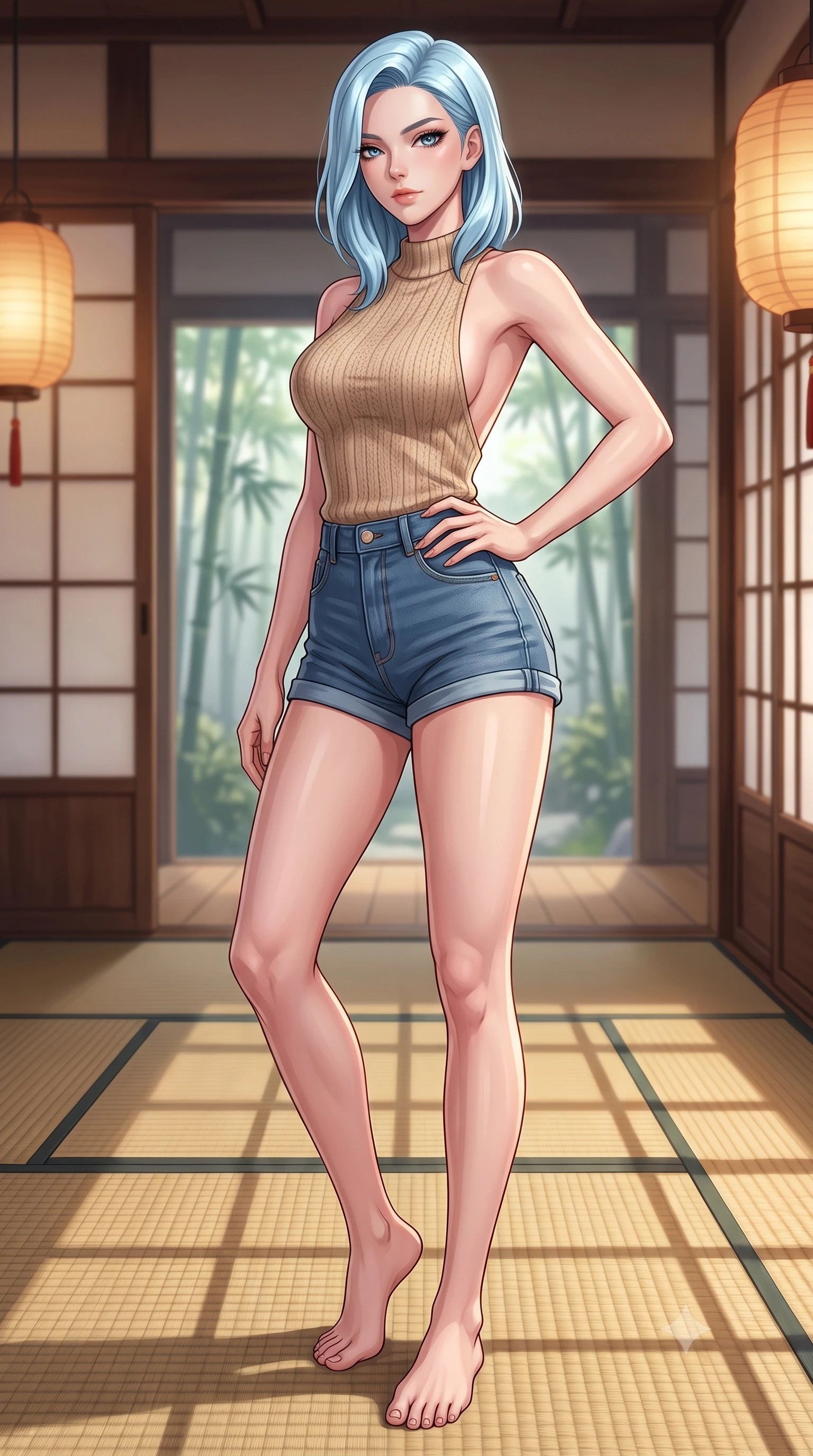 score_9, masterpiece, best quality, ultra-detailed, high-budget anime keyframe, tasteful artistic composition, Korean woman. low angle full-body shot from head to toe showing her feet, filling the entire 9:16 vertical frame with her statuesque presence, stretching her vertical silhouette. posing confidently with one hand on her hip, stretching her statuesque body to emphasize her curves the background shows a soft-focus a traditional paper screen corridor with sliding doors showing bamboo silhouettes. She has an absolutely perfect, statuesque 8.5-heads proportion, an exceptionally tall and slender model-like female figure with impossibly long slender legs and an ultra-slim waist. sharp v-shaped jawline, high-bridge nose, intricate jewel-like eyes with depth, thick eyelashes, glossy lips with a natural sheen. wearing a body-hugging backless knit top in beige wool, paired with high-waisted denim shorts. warm paper lanterns casting soft, diffused grid-like shadow lines on the tatami. highly saturated vibrant anime colors, cel-shading, 2d style, master piece, 9:16 ratio