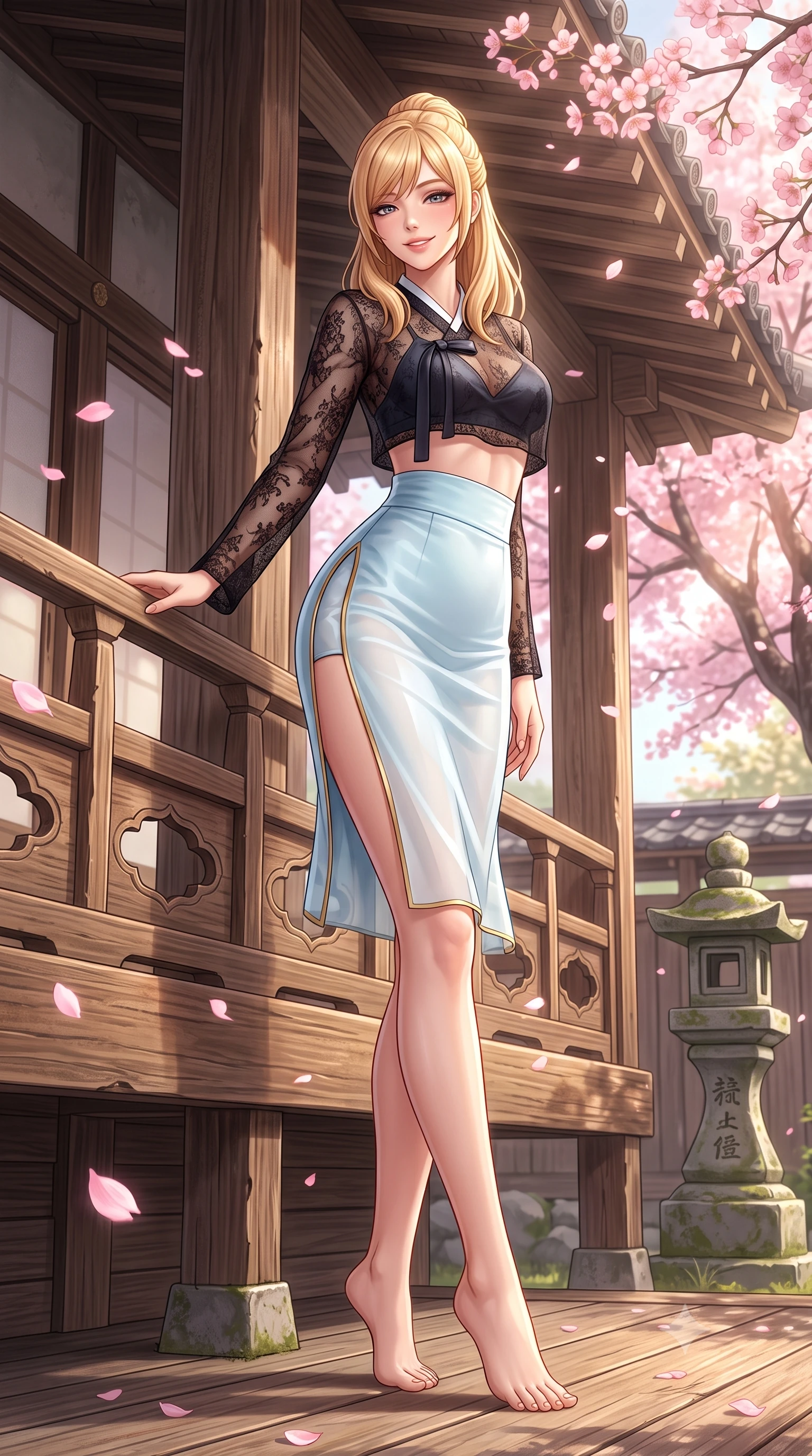score_9, masterpiece, best quality, ultra-detailed, high-budget anime keyframe, semi-realistic 3D game render, editorial fashion photography, tasteful artistic composition, Caucasian woman. low angle full-body shot from head to toe showing her feet, filling the entire 9:16 vertical frame with her statuesque presence, stretching her vertical silhouette. standing in a tall, confident posture with one hand on the carved palace railing, stretching her statuesque body as she arches her lower back to emphasize her sculpted feminine hips and slender waist while sitting perched on the wooden veranda of a historic Yanaka machiya house, arching her lower back with a radiant, teasing smile as sakura petals flutter. The surrounding environment is rendered in vivid detail and crisp panoramic clarity: sharp cherry blossom petal venation, weathered cedar wood grain, and mossy stone pagoda carvings in deep focus. She has an absolutely perfect, statuesque 8.5-heads proportion, an exceptionally tall and slender model-like female figure with impossibly long slender legs, an ultra-slim waist, a flat toned midriff, narrow delicate ribcage, and beautifully sculpted feminine hips creating a graceful, slim hourglass silhouette without any bulky heaviness. sharp v-shaped jawline, high-bridge nose, intricate jewel-like dark sparkling almond eyes with depth, thick lashes, glossy parted lips with a natural rose-plum sheen, bright alluring and coquettish smile with bedroom-eyes, exuding both timeless oriental elegance and sovereign high-fashion allure, flawlessly proportioned anatomical accuracy, strict slender model proportions, natural body alignment, perfectly sculpted long slender limbs, ultra-slim waistline, clean dynamic posture without body distortion. wearing a sheer black lace jeogori worn over an opaque dark silk bralette with an ultra-fitted high-waisted pencil skirt in pure celadon porcelain blue and cloud white, tailored from sheer gossamer silk organza with an airy weightless flutter, finished with sharp laser-cut side hip slits framed by gold piping, the form-contouring cut accentuating her sculpted flat midriff, narrow delicate ribcage, and gracefully curvy hips with regal oriental supermodel elegance. bathed in warm, soft spring afternoon sunlight filtering through pink blossom branches. highly saturated vibrant anime colors, detailed shading with soft gradients, rich glossy textures, high-contrast stereoscopic depth, volumetric dynamic lighting, master piece, 9:16 ratio
