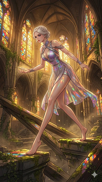 score_9, masterpiece, best quality, ultra-detailed, high-budget anime movie keyframe, cinematic anime lighting, intricate line art, Korean woman. Dynamic full-body shot stretching the vertical silhouette across the 9:16 frame. exploring lost ruins in
