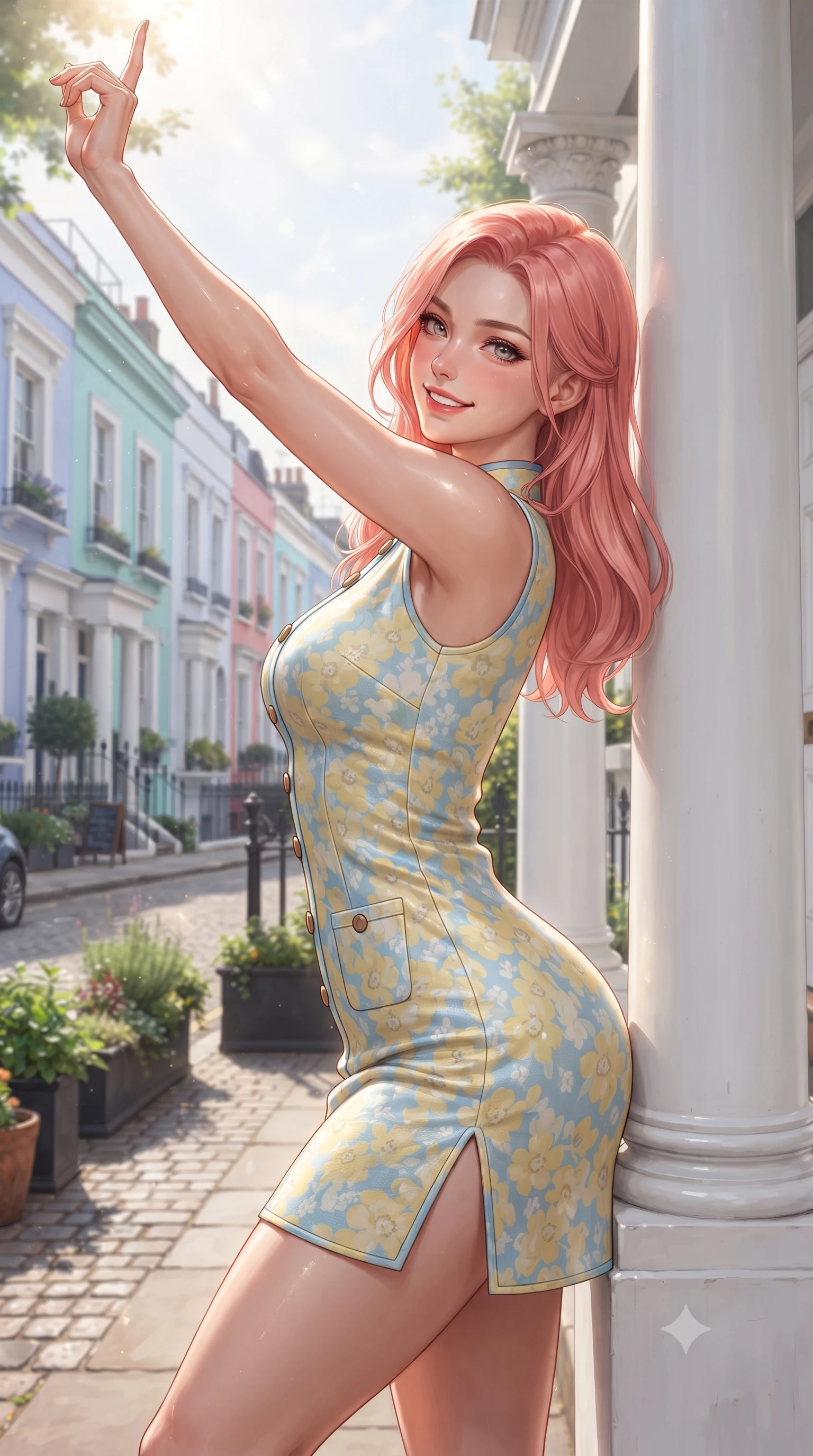 score_9, masterpiece, best quality, ultra-detailed, high-budget anime keyframe, editorial fashion photography, tasteful artistic composition, Japanese woman. close-up cowboy shot from the waist and thighs up, the character dominates the composition, filling the frame with her large presence. playfully stretching one arm overhead toward the sun, her radiant smile capturing fresh girlhood charm while her arched torso reveals an intoxicating hip contour while leaning against the classic white entrance column with hips cocked back, looking over a bare shoulder with an alluring, high-spirited smile. The surrounding environment is rendered in vivid detail and crisp panoramic clarity. detailed pastel tweed outfit texture, soft sunlight glints on skin, and Notting Hill street clarity in high resolution. She has an exceptionally elegant, slender, and willowy female figure with an ultra-slim waist, flat toned midriff, narrow ribcage, and sculpted feminine hips creating an alluring, slim hourglass silhouette without bulk. sharp v-shaped jawline, high-bridge nose, intricate jewel-like sparkling eyes with depth, thick eyelashes, glossy parted lips with a natural peach sheen, bright cheerful beaming smile with an enchanting and coquettish sensual glint, exuding both youthful cute charm and seductive allure, flawlessly proportioned anatomical accuracy, strict slender model proportions, natural body alignment, perfectly sculpted long slender limbs, ultra-slim waistline, clean dynamic posture without body distortion. wearing a modern cute qipao mini dress with double side slits ascending to the hip in pastel floral silk in sunny daffodil yellow and clear sky blue, crafted from soft cozy cashmere yarn with an airy drape, finished with neat front wooden buttons and delicate pocket details, the liquid-tight tailored fabric clinging flawlessly to her narrow waist and rounded feminine hips, emphasizing every millimeter of her sculpted slim hourglass curves without any bulky heaviness. illuminated by white portico bounce light sharply sculpting her razor-sharp jawline, narrow waist, and curvy hips. ultra-reflective glossy finish, specular highlights, rich textural contrasts, high-contrast stereoscopic depth, volumetric dynamic lighting, 2k, ultra detail, master piece, 9:16 ratio