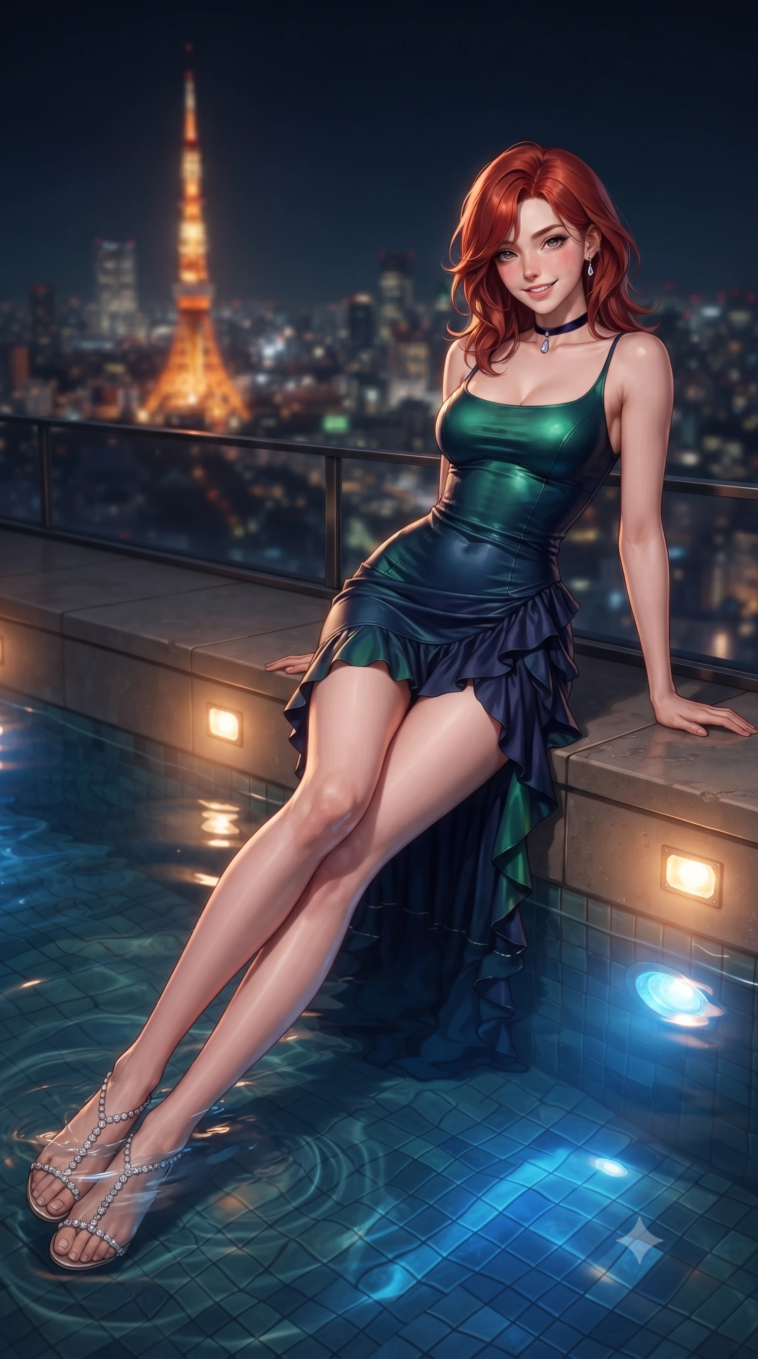 score_9, masterpiece, best quality, ultra-detailed, high-budget anime keyframe, editorial fashion photography, tasteful artistic composition, Korean woman. low angle full-body shot from head to toe showing her feet, filling the entire 9:16 vertical frame with her statuesque presence, stretching her vertical silhouette. leaning deep against the balcony balustrade with hips cocked back in an unapologetically alluring high-fashion stance, casting an intoxicating glance while lounging in the heated water propped on the pool rim with legs extended, her statuesque 8.5-heads silhouette commanding the sprawling urban panorama. The background shows a soft-focus gentle infinity pool ripples softened in billionaire sky penthouse shallow focus. She has an exceptionally tall and slender model-like 8.5-heads proportion, an ultra-slim waist, a flat toned midriff, narrow delicate ribcage, and beautifully sculpted feminine hips creating a graceful, slim hourglass silhouette without any bulky heaviness, with impossibly long slender legs. sharp v-shaped jawline, high-bridge nose, intricate jewel-like sparkling eyes with depth, thick eyelashes, glossy parted lips with a natural peach sheen, bright cheerful beaming smile with an enchanting and coquettish sensual glint, exuding both youthful cute charm and seductive allure, flawlessly proportioned anatomical accuracy, strict slender model proportions, natural body alignment, perfectly sculpted long slender limbs, ultra-slim waistline, clean dynamic posture without body distortion. wearing a form-fitting Andalusian liquid silk jersey flamenco-draped cocktail dress clinging to her narrow waist and rounded hips in Lake Tegernsee emerald glass and royal Bavarian navy, woven from buttery-soft stretch lambskin leather adhering to her body like a second skin, finished with a thin velvet ribbon choker and a single teardrop diamond pendant, the form-contouring silhouette accentuating her sculpted flat midriff, narrow delicate ribcage, and gracefully curvy hips with intoxicating allure. bathed in the dynamic warm glow of Tokyo Tower combined with underwater pool sapphire LEDs and warm 2800K deck spotlights. ultra-reflective glossy finish, specular highlights, rich textural contrasts, high-contrast stereoscopic depth, volumetric dynamic lighting, 2k, ultra detail, master piece, 9:16 ratio
