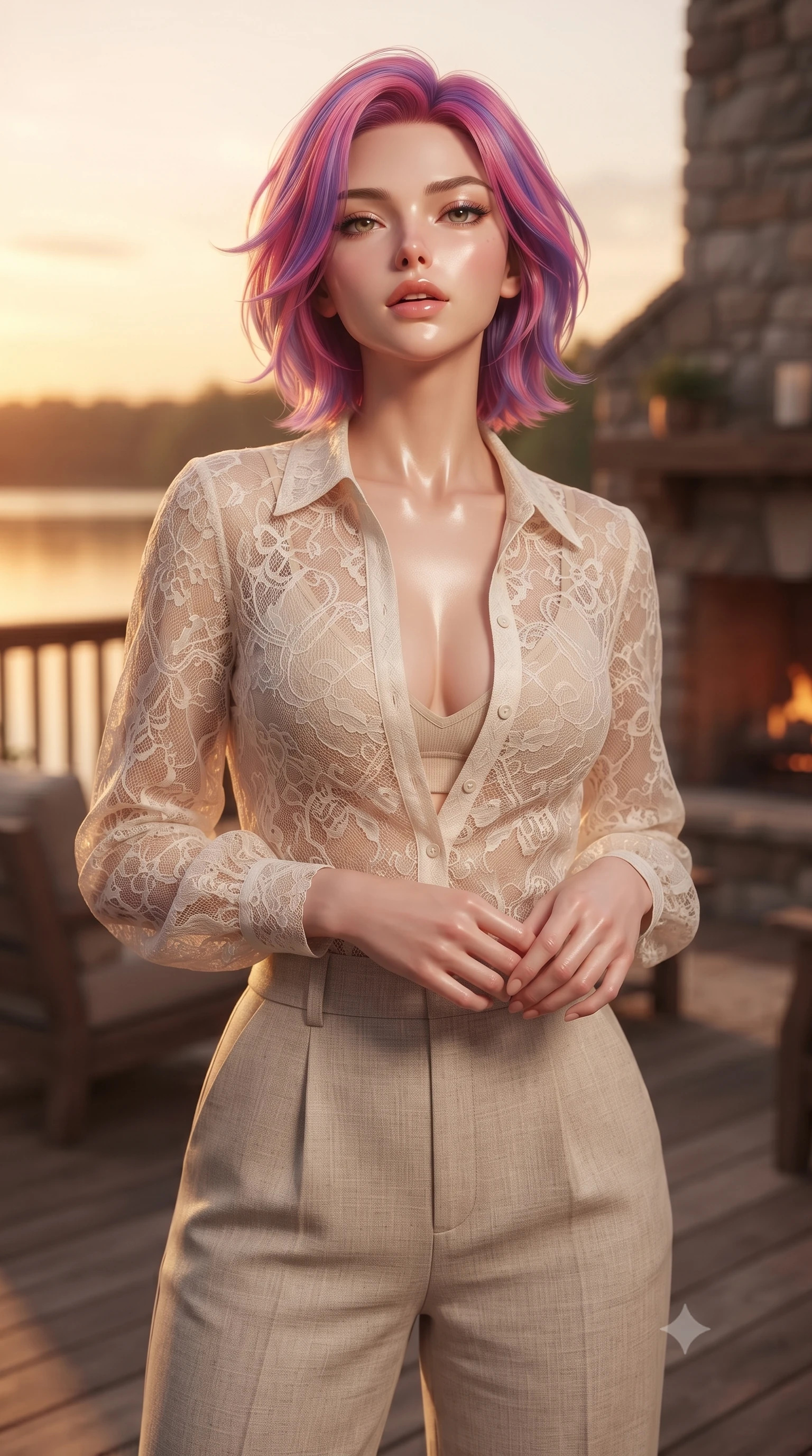 score_9, masterpiece, best quality, ultra-detailed, high-budget anime keyframe, editorial fashion photography, tasteful artistic composition, Caucasian woman. close-up cowboy shot from the waist and thighs up, the character dominates the composition, filling the frame with her large presence, background elements kept in soft focus. tilting her chin up slightly with lips parted in a composed, provocative expression the background shows a soft-focus a rustic wood deck with a stone fireplace facing a lake in a private estate. She has an exceptionally elegant, slender, and willowy female figure with an ultra-slim waist, a gracefully sculpted slender torso, and a refined silhouette. sharp v-shaped jawline, high-bridge nose, intricate jewel-like eyes with depth, thick eyelashes, glossy lips with a natural sheen. wearing a form-contouring sheer lace blouse in ivory white, worn over a simple beige bralette and high-waisted linen trousers. warm sunset light casting a peaceful, cozy orange wash on her figure. ultra-reflective glossy finish, specular highlights, metallic sheen, high-contrast stereoscopic depth, volumetric dynamic lighting, 2k, ultra detail, master piece, 9:16 ratio