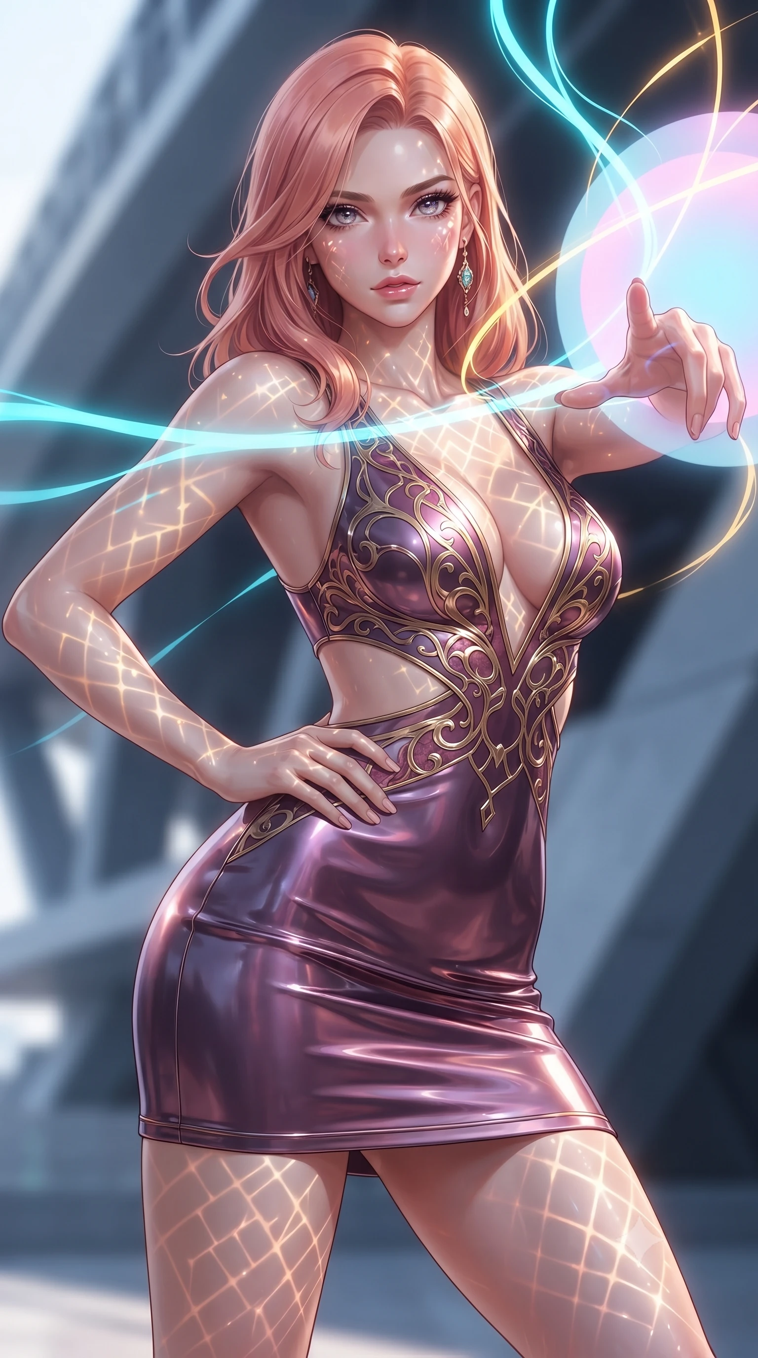 score_9, masterpiece, best quality, ultra-detailed, high-budget anime keyframe, editorial fashion photography, tasteful artistic composition, Japanese woman. close-up cowboy shot from the waist and thighs up, the character dominates the composition, filling the frame with her large presence, background elements kept in soft focus. Holding a powerful dynamic pose with one hand on her hip and body angled dramatically toward the key light while reaching forward with an arm stretch to touch a pulsating pastel light sphere, intricate geometric lattice patterns of light projected onto her skin. She has an exceptionally elegant, slender, and willowy female figure with an ultra-slim waist, a gracefully sculpted slender torso, and a refined silhouette. sharp v-shaped jawline, high-bridge nose, intricate jewel-like eyes with depth, thick eyelashes, glossy lips with a natural sheen, flawlessly proportioned anatomical accuracy, natural body alignment, perfectly sculpted elegant limbs, clean dynamic posture without body distortion. wearing a liquid mercury gloss mini dress with ultra-deep V-neck and waist cutouts in plum purple and gold filigree, formed from sleek second-skin neoprene, featuring subtle geometric cutouts that highlight her ultra-slim midriff, the elegant draped fit framing her graceful clavicle and slender torso. illuminated by the brilliant glow of cyan and gold luminescent plasma ribbons. ultra-reflective glossy finish, specular highlights, metallic sheen, high-contrast stereoscopic depth, volumetric dynamic lighting, 2k, ultra detail, master piece, 9:16 ratio