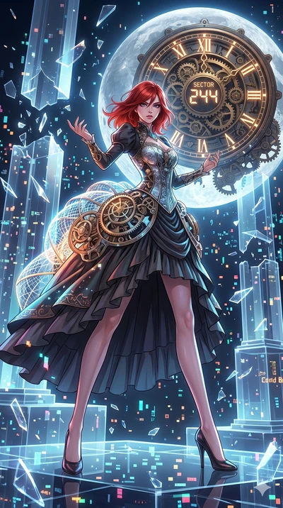 score_9, masterpiece, best quality, ultra-detailed, Set A: High-budget Anime Keyframe, Japanese woman. Low angle cowboy shot filling the entire 9:16 frame with her statuesque presence. Theme: Abstract Cosmic. shattering the fabric of reality in a tem